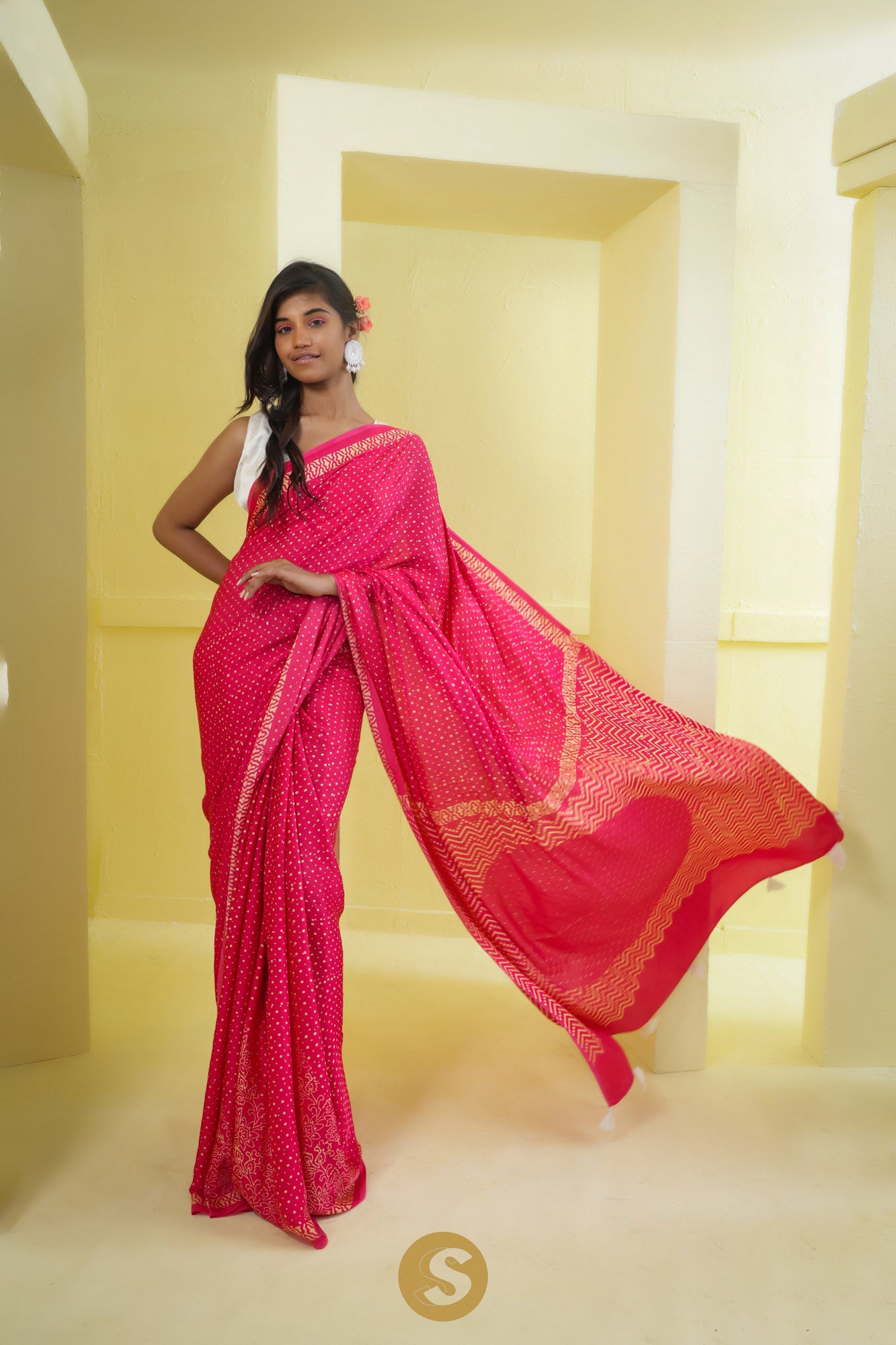 Ruby Pink Satin Printed Embroidered Saree