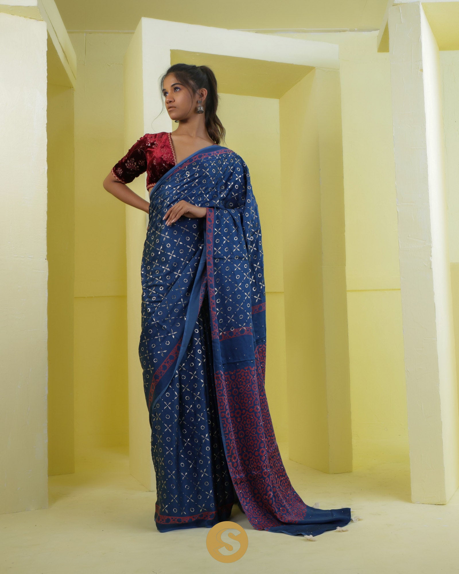 Dark Blue Satin Printed Saree With Mukaish Embroidery