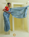 Uranian Blue Satin Printed Saree With Mukaish Embroidery