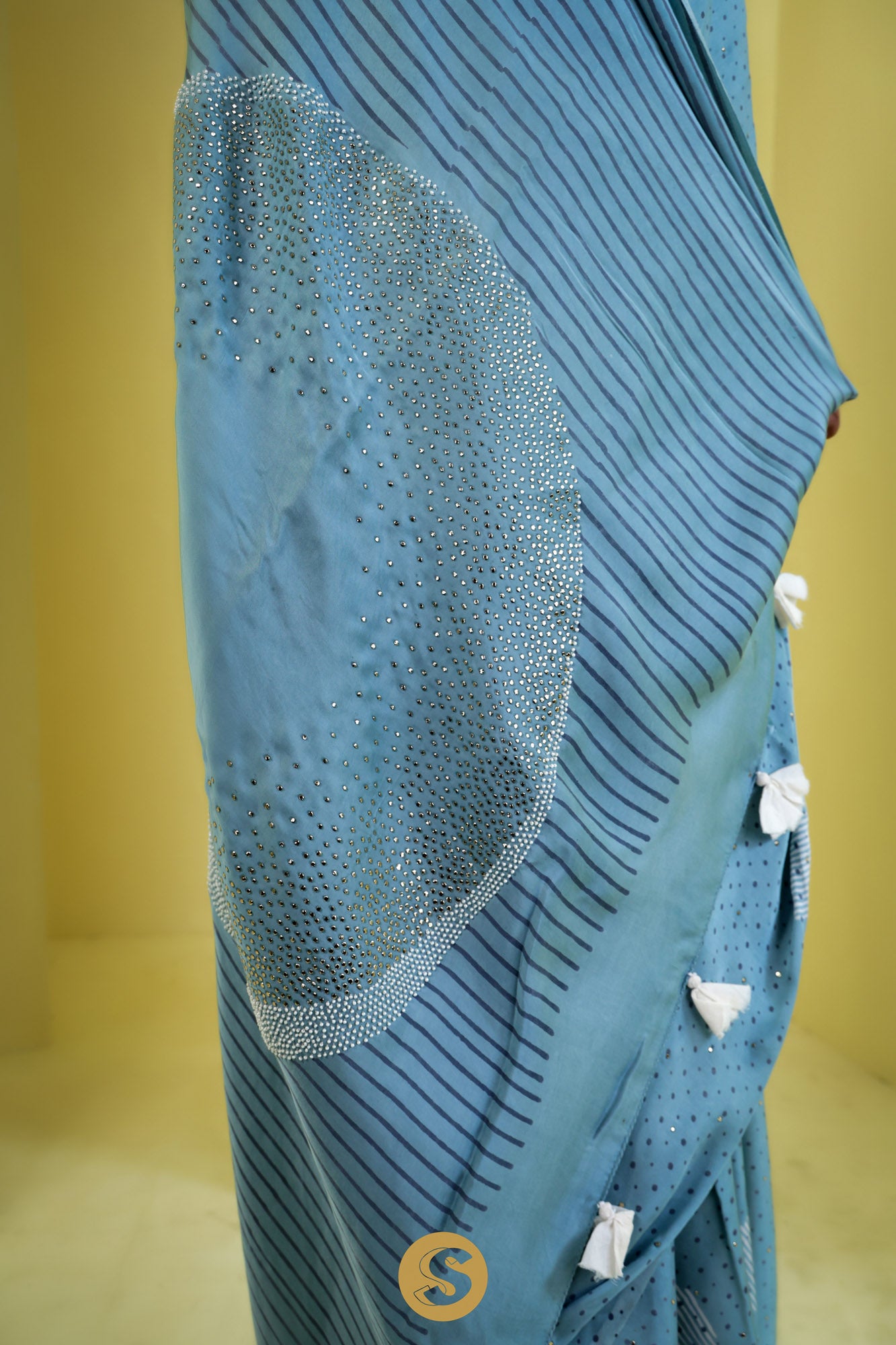 Uranian Blue Satin Printed Saree With Mukaish Embroidery