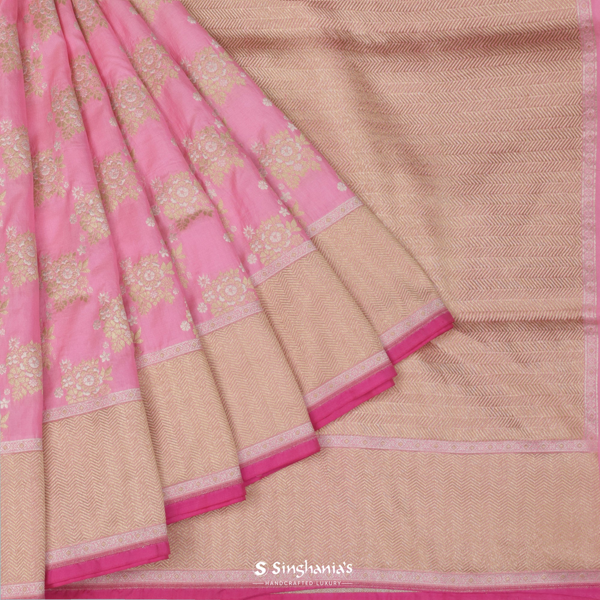 Carnation Pink Silk Saree With Banarasi Weaving