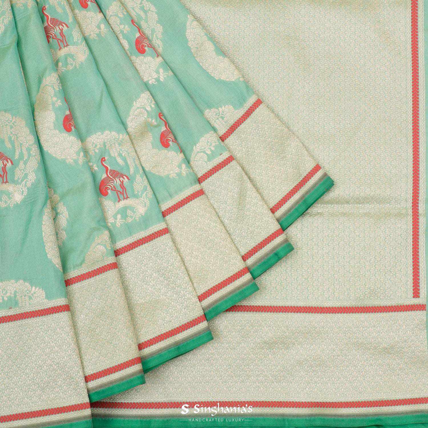 Turquoise Green Banarasi Saree With Floral Zari Weaving