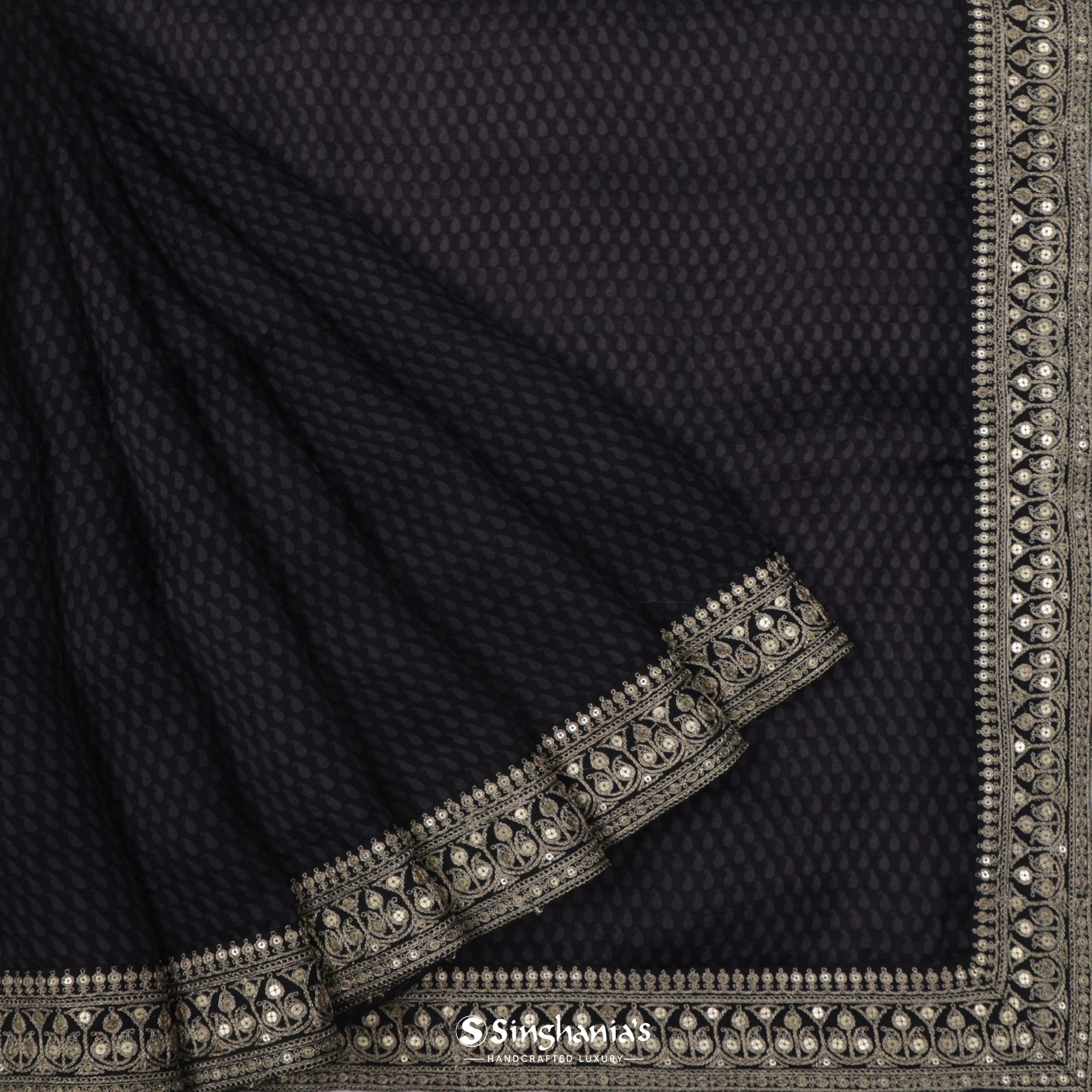 Pitch Black Printed Organza Saree With Embroidery
