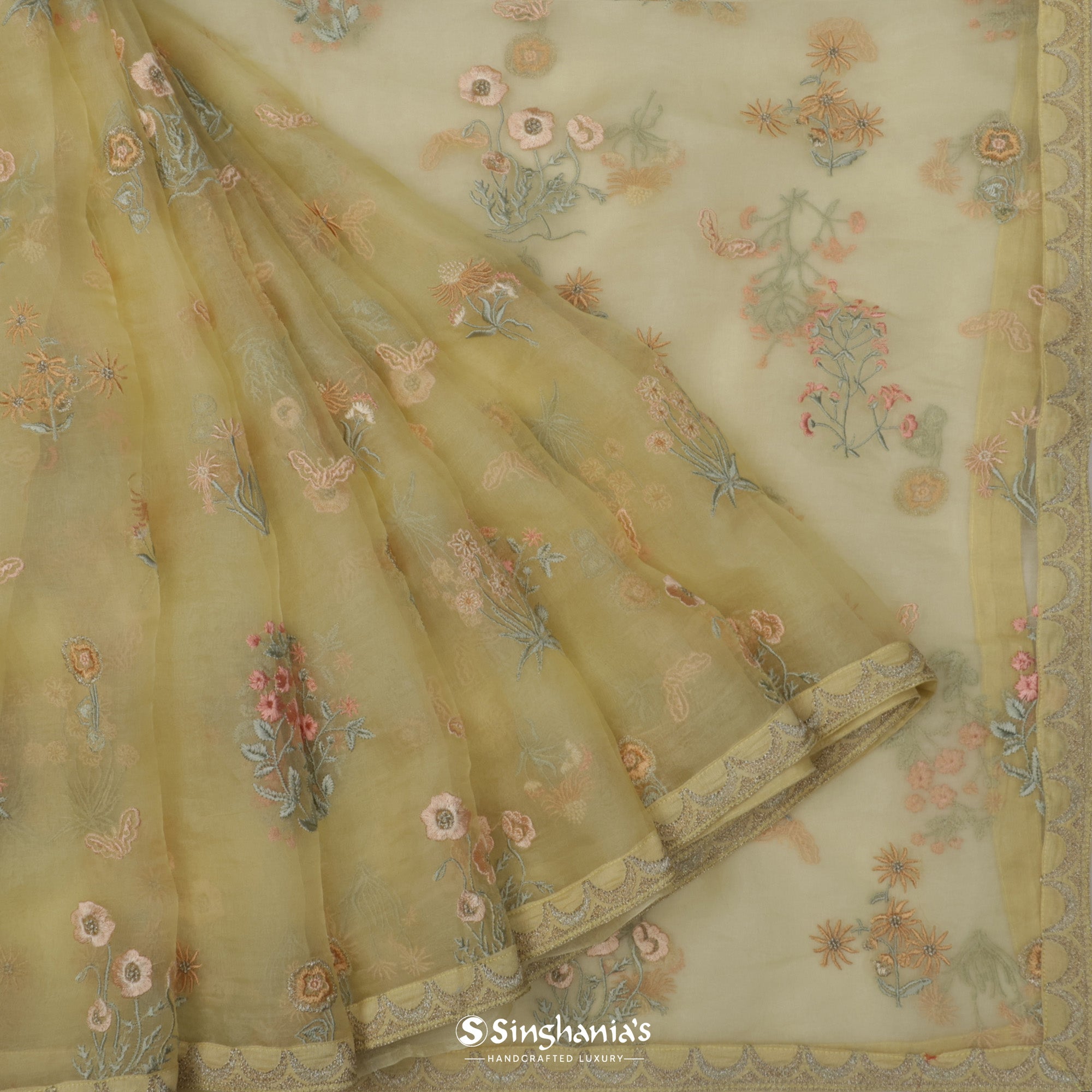 Pale Goldenrod Yellow Organza Saree With Embroidery