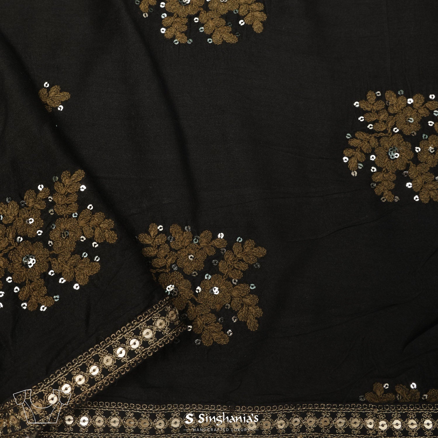 Taupe Black Printed Kota Silk Saree With Floral And Animal Pattern