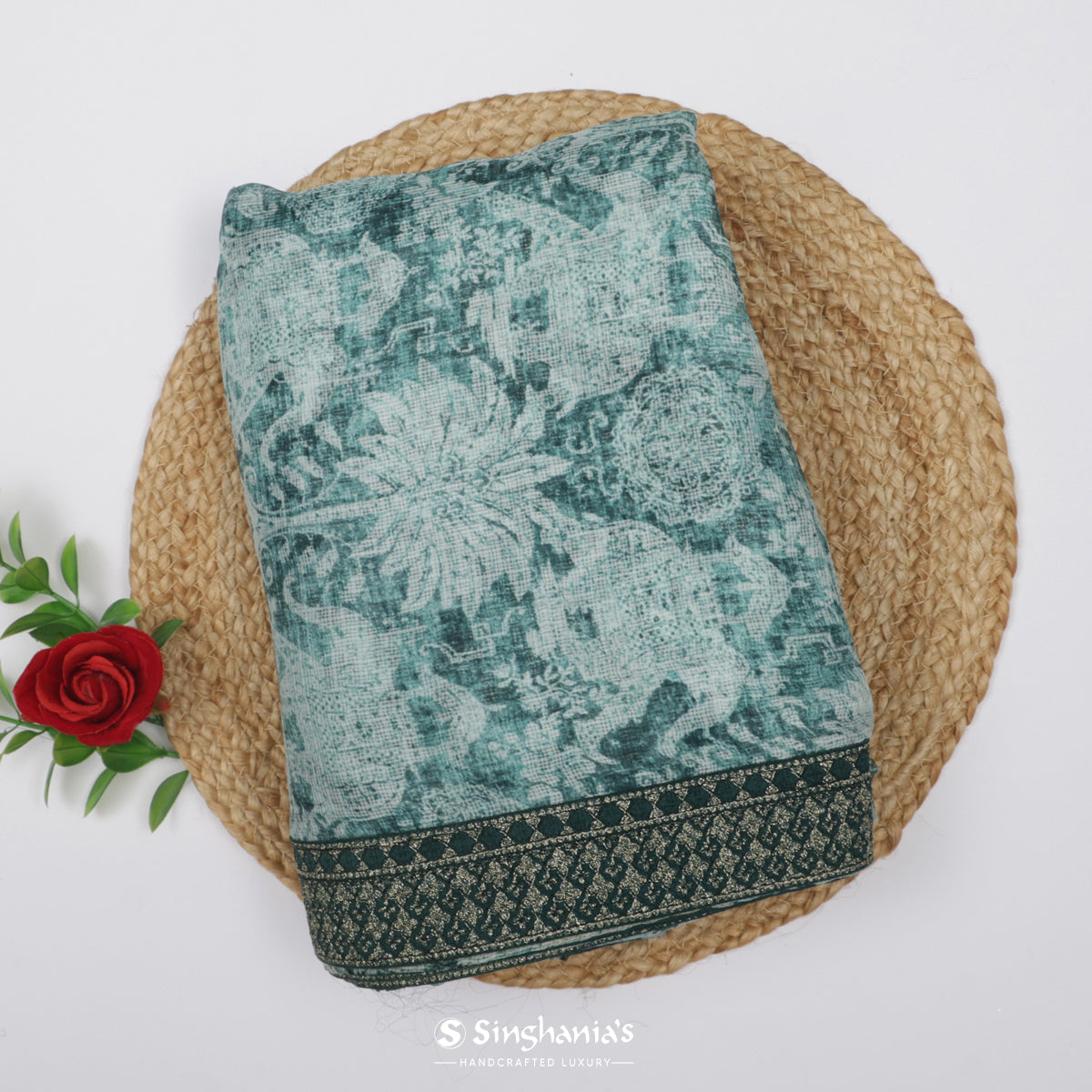 Tiffany Blue Printed Kota Silk Saree With Flora-Fauna Pattern