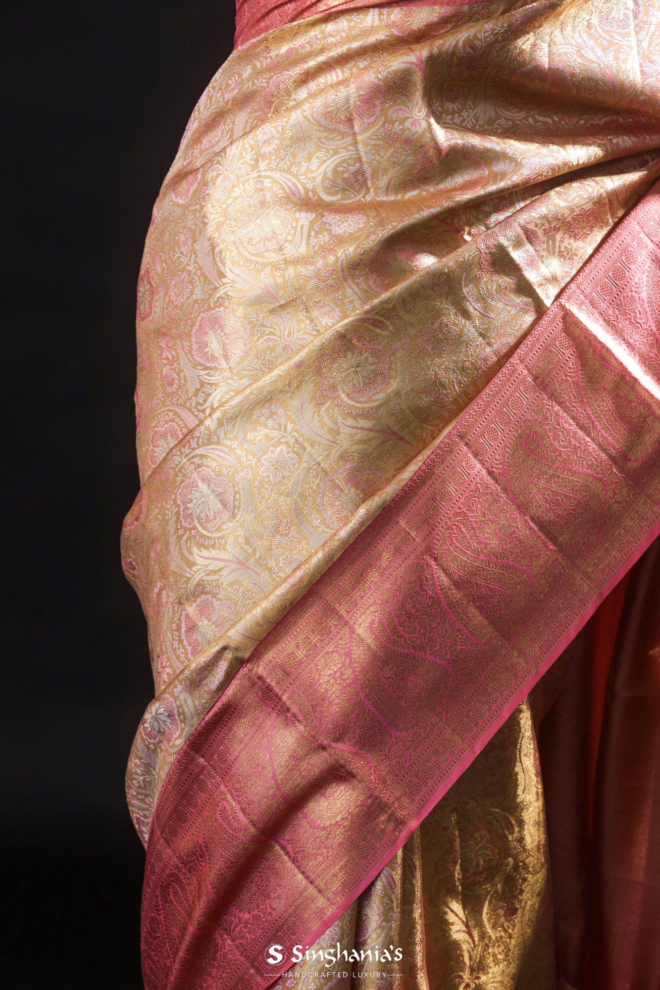 Pale Gold Tissue Kanjivaram Silk Saree With Meenakari Jaal