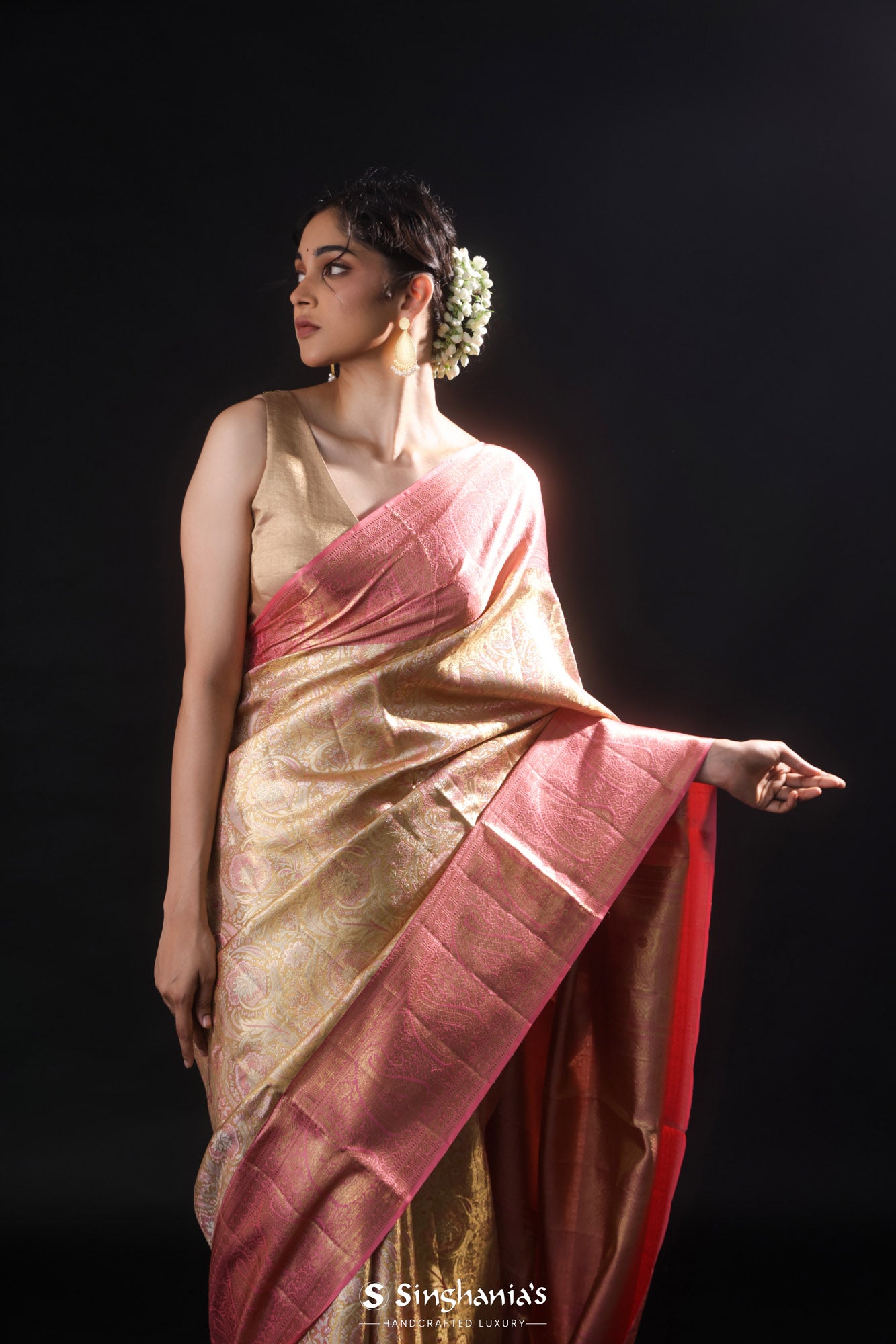 Pale Gold Tissue Kanjivaram Silk Saree With Meenakari Jaal