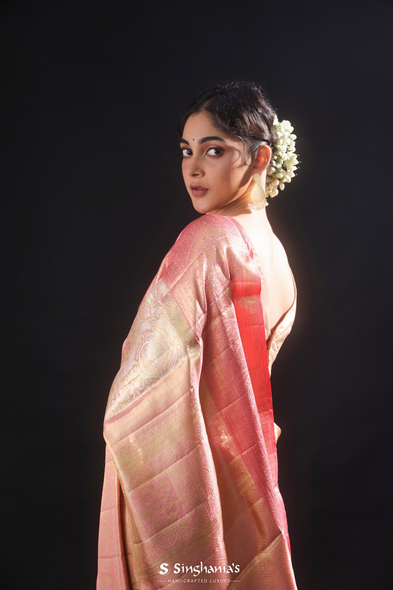 Pale Gold Tissue Kanjivaram Silk Saree With Meenakari Jaal