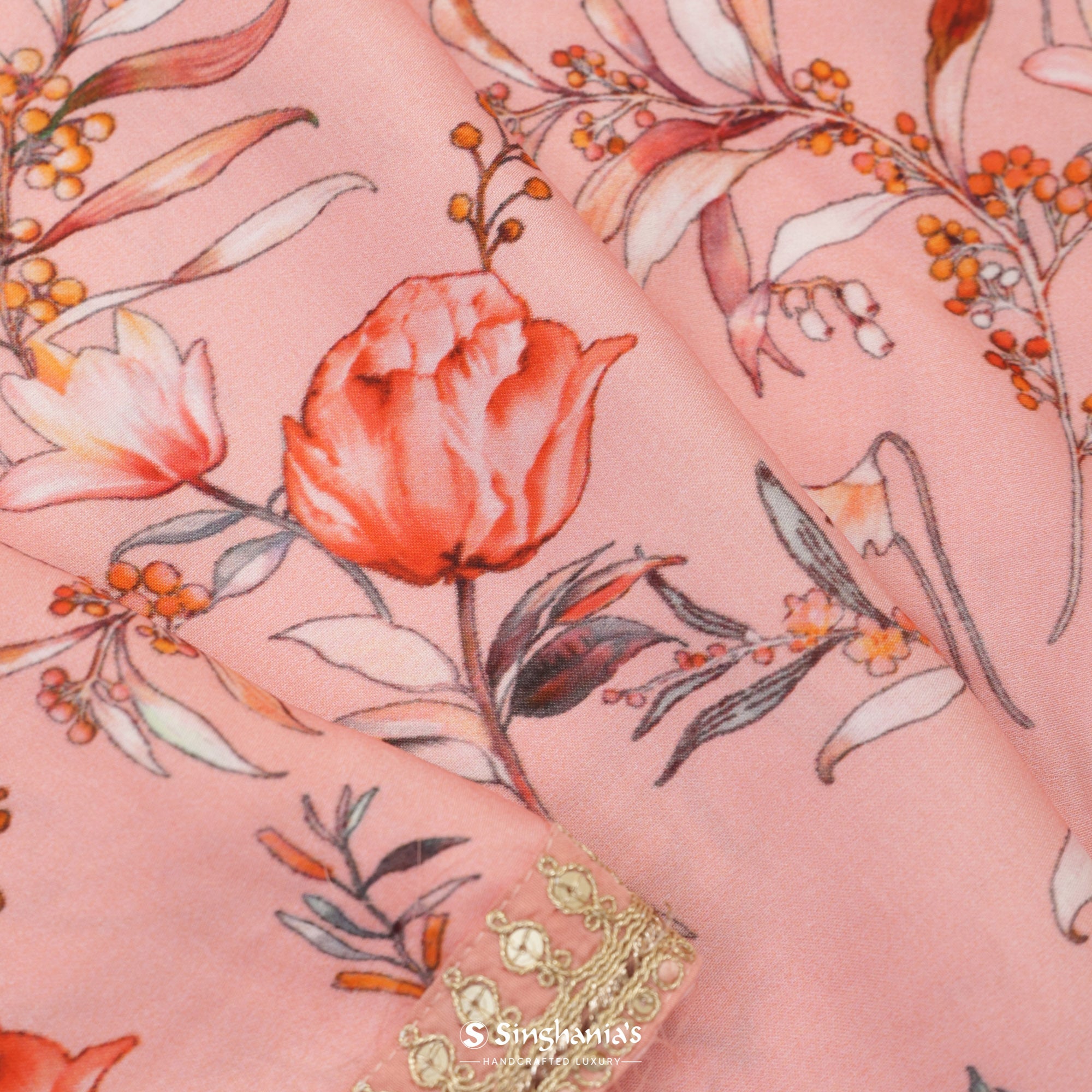 Tea Rose Satin Saree With Printed Floral Pattern