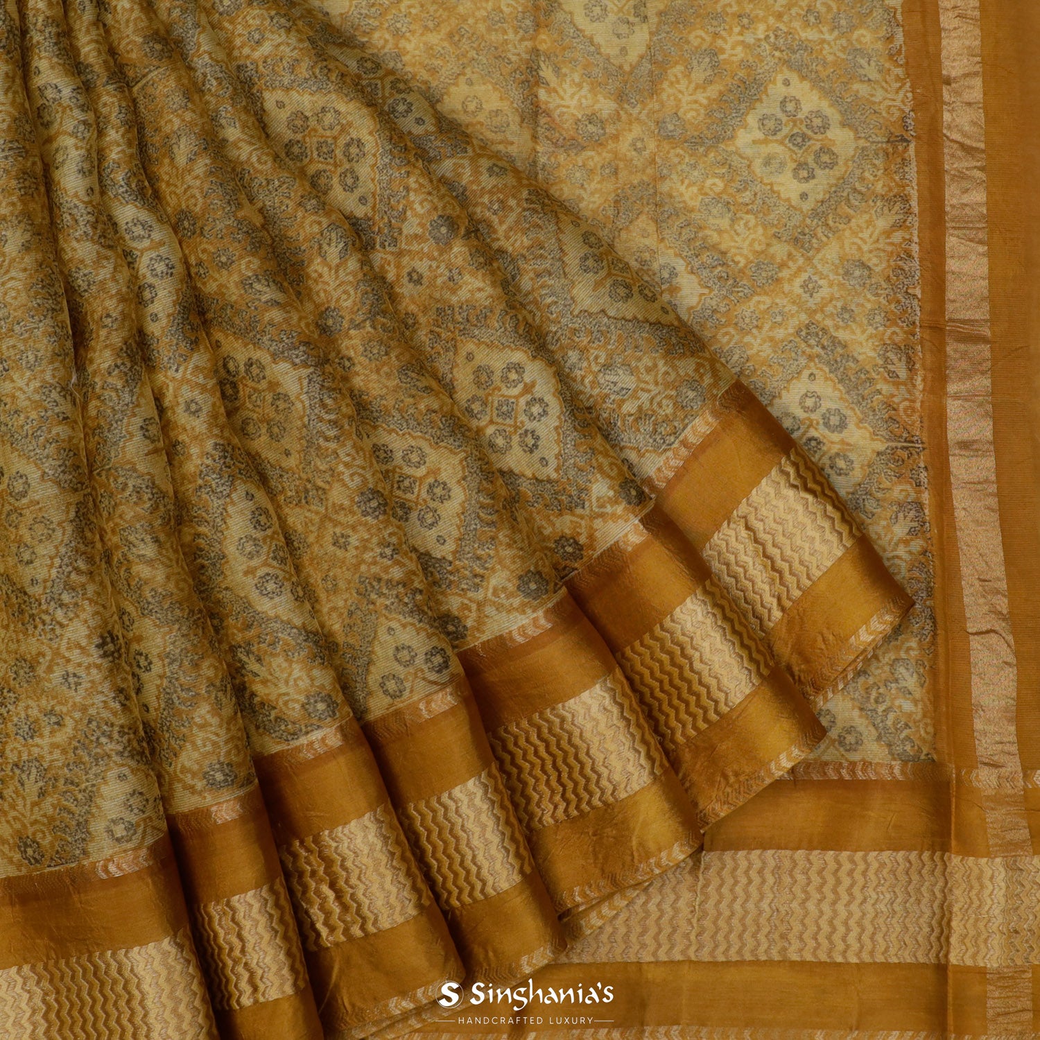 Mimosa Yellow Printed Maheshwari Saree With Floral Pattern