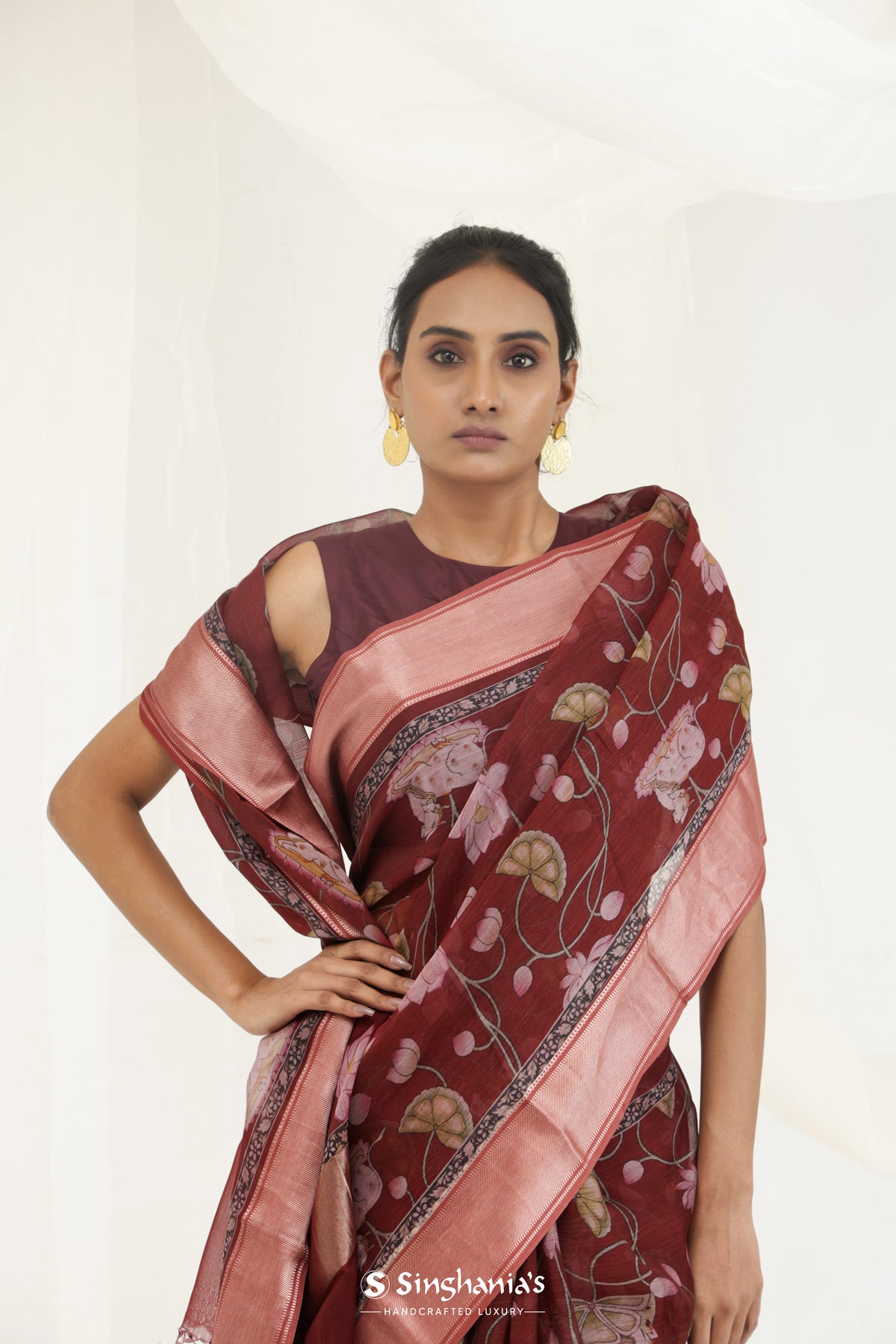 Chinese Maroon Printed Maheshwari Saree With Pichwai Design