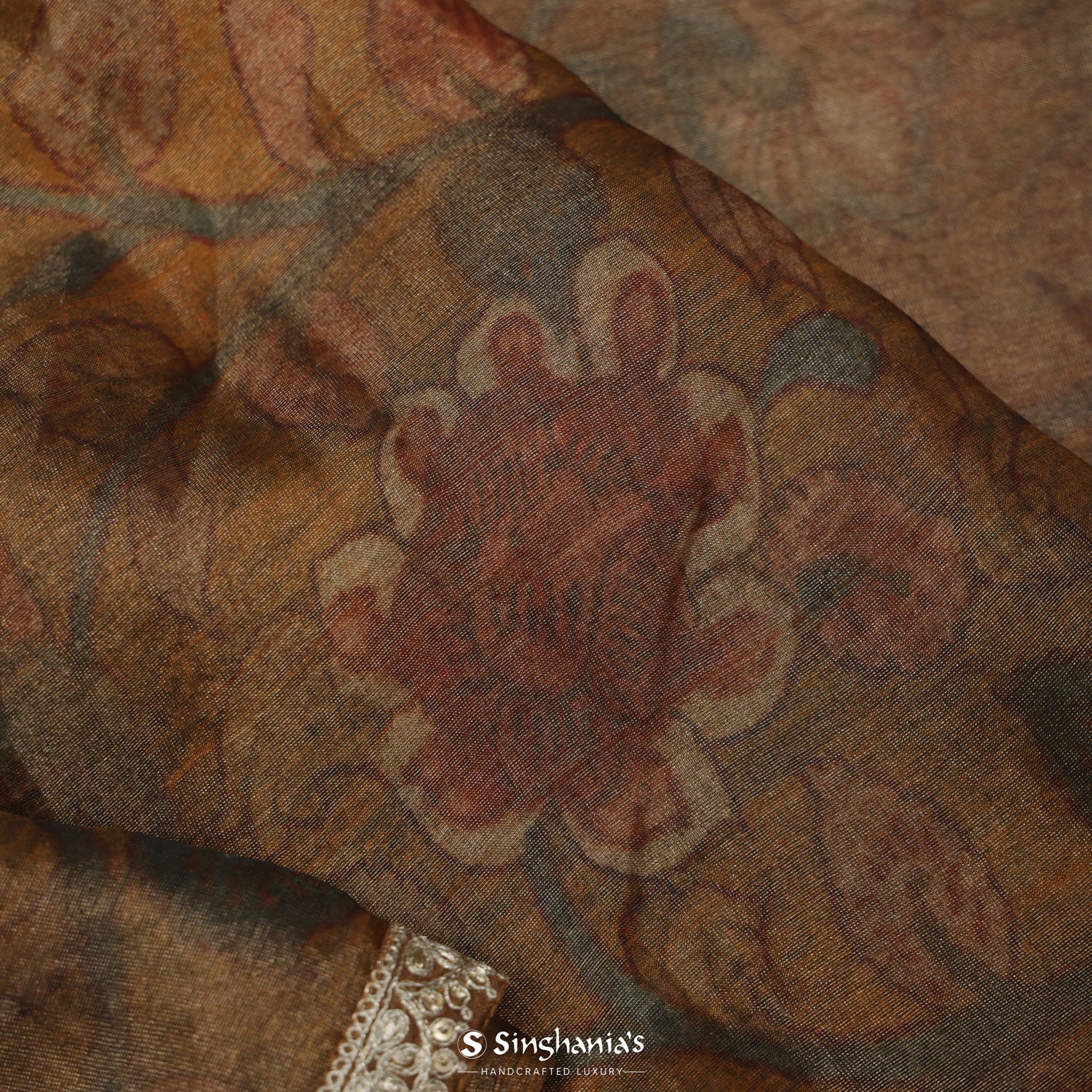 French Beige Brown Printed Tissue Saree With Floral Pattern