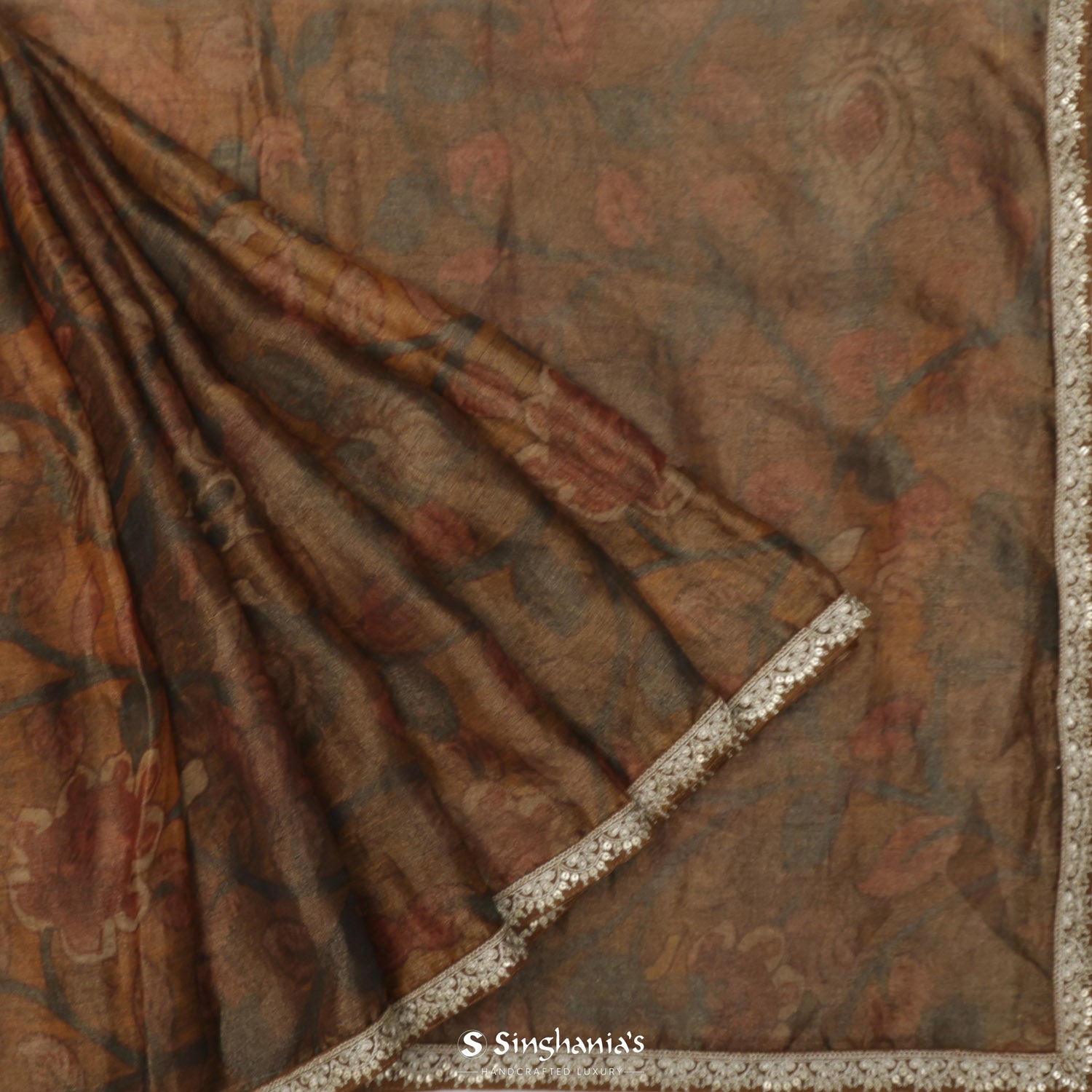 French Beige Brown Printed Tissue Saree With Floral Pattern
