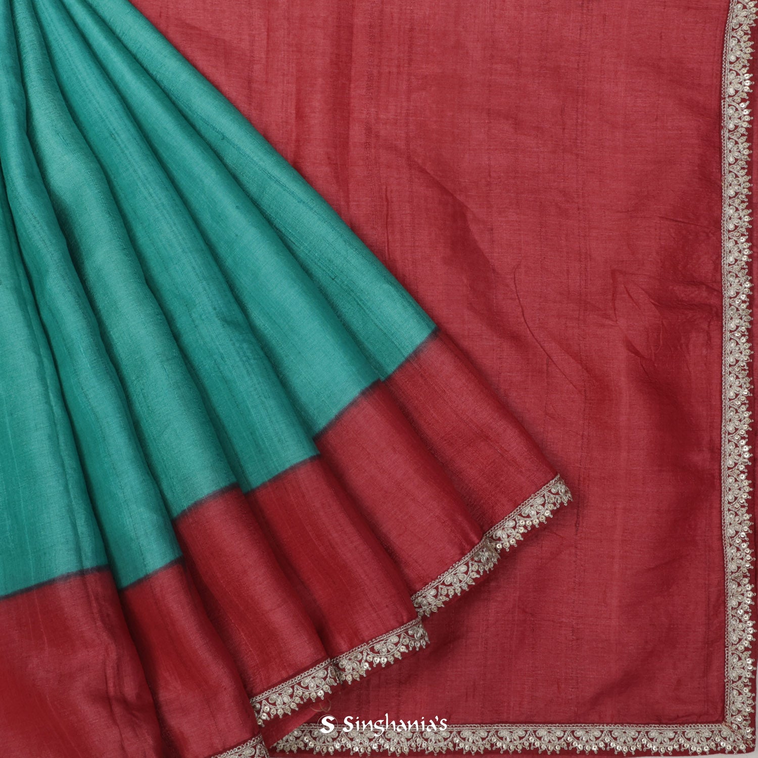 Fluorescent Blue Tussar Silk Saree With Contrast Red Border