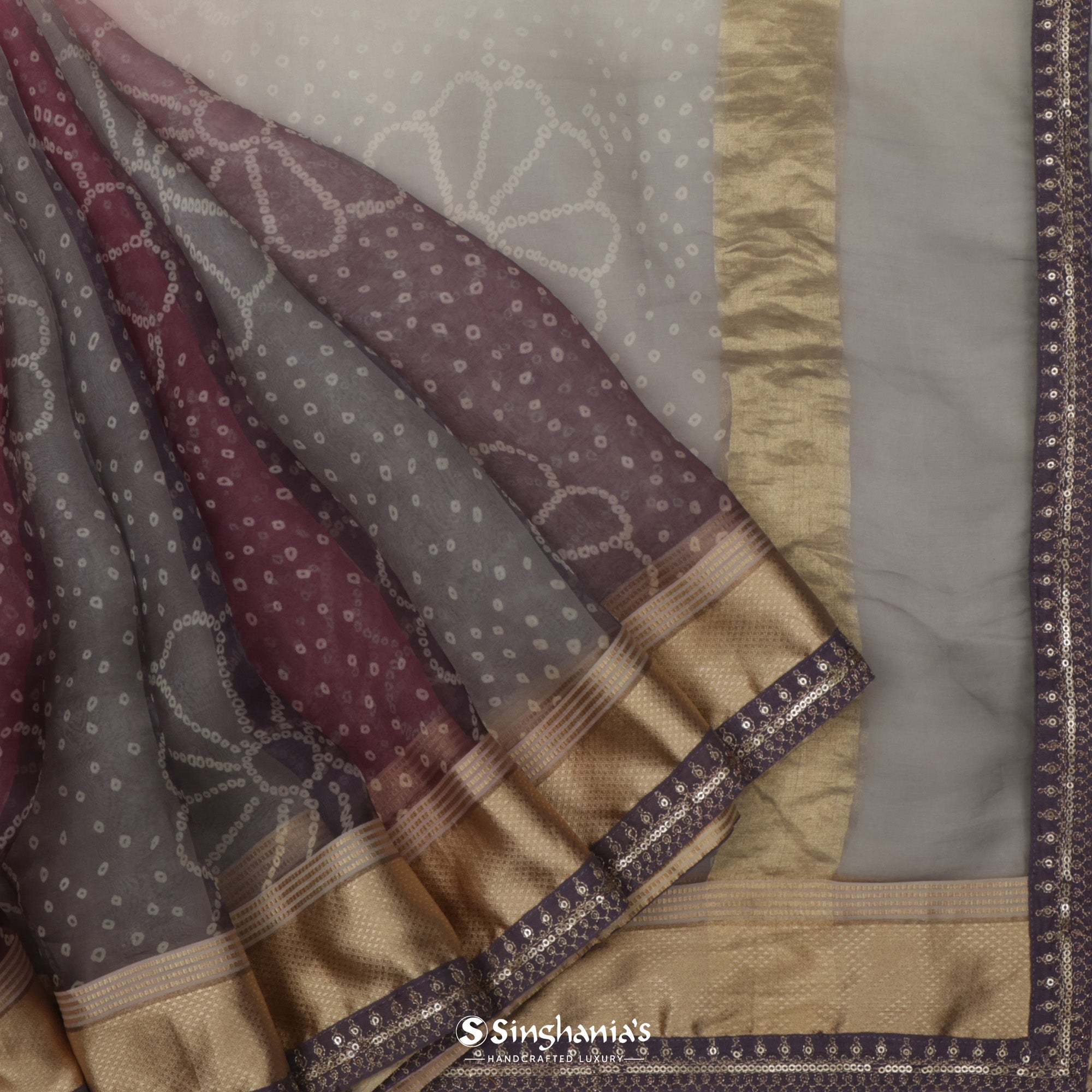 Insolent Purple Organza Saree With Bandhani Work