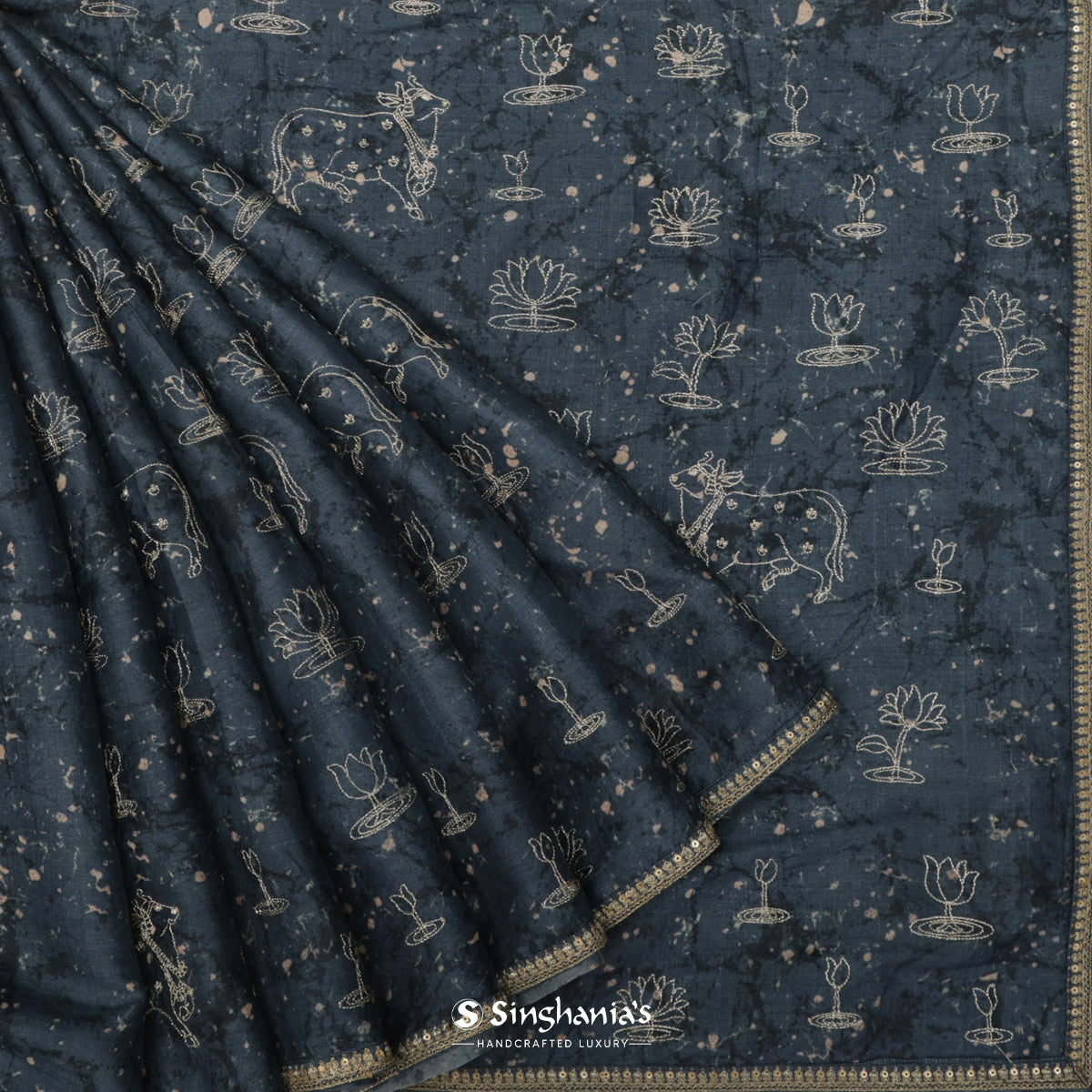 Spruce Blue Tussar Silk Saree With Zari Woven In Flora-Fauna Pattern