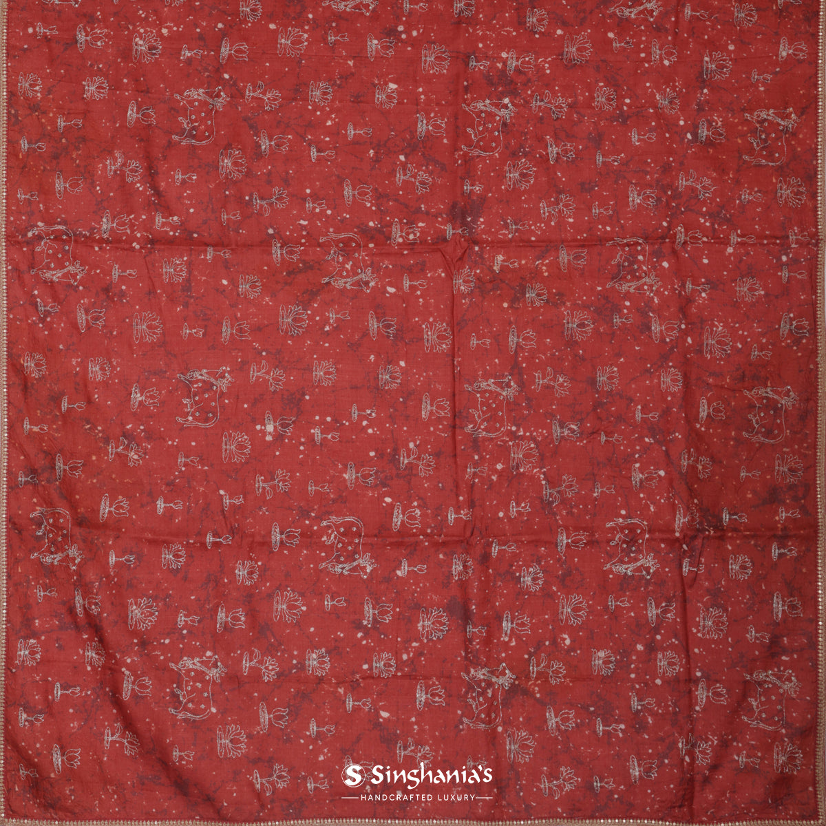 Auburn Red Tussar Silk Saree With Zari Woven In Flora-Fauna Pattern