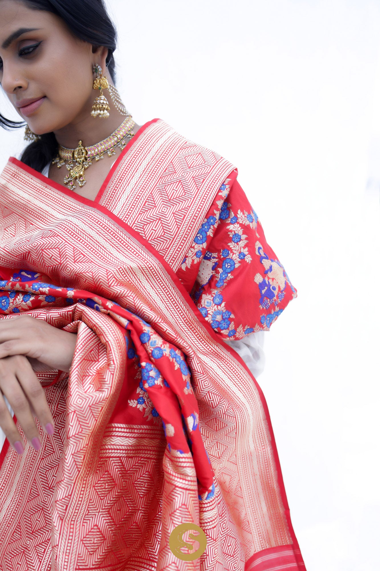 Imperial Red Banarasi Silk Saree With Floral & Human Figures