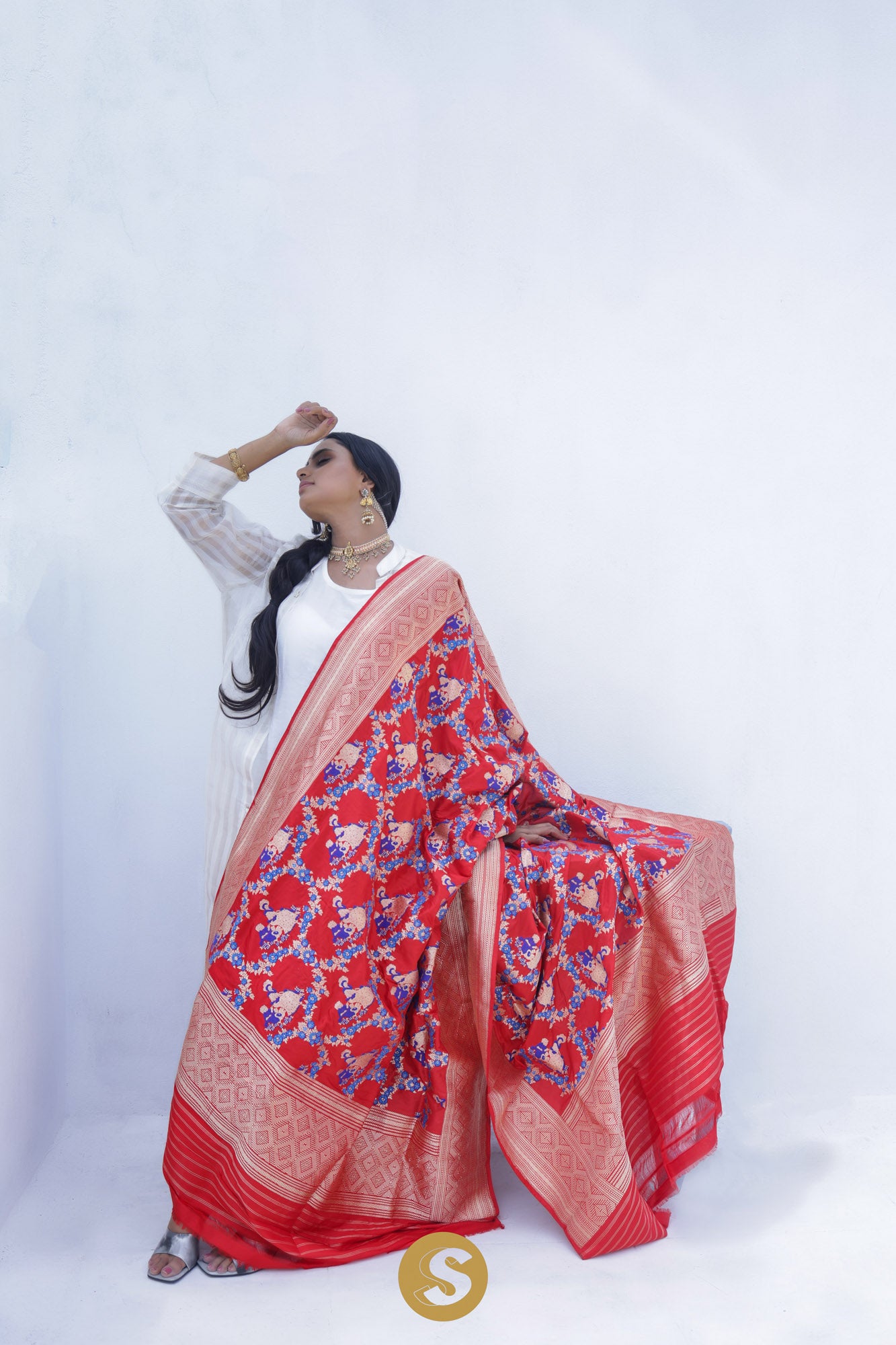 Imperial Red Banarasi Silk Saree With Floral & Human Figures