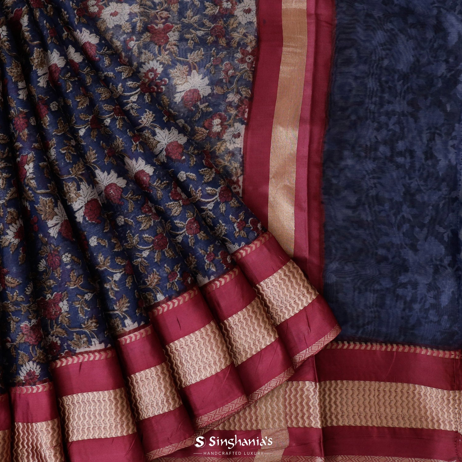 Medium Sapphire Blue Printed Maheshwari Saree With Floral Pattern