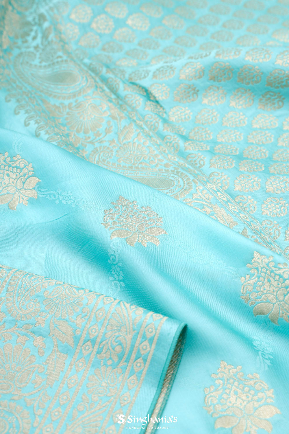 Electric Blue Banarasi Mashru Silk Saree With Floral Motifs