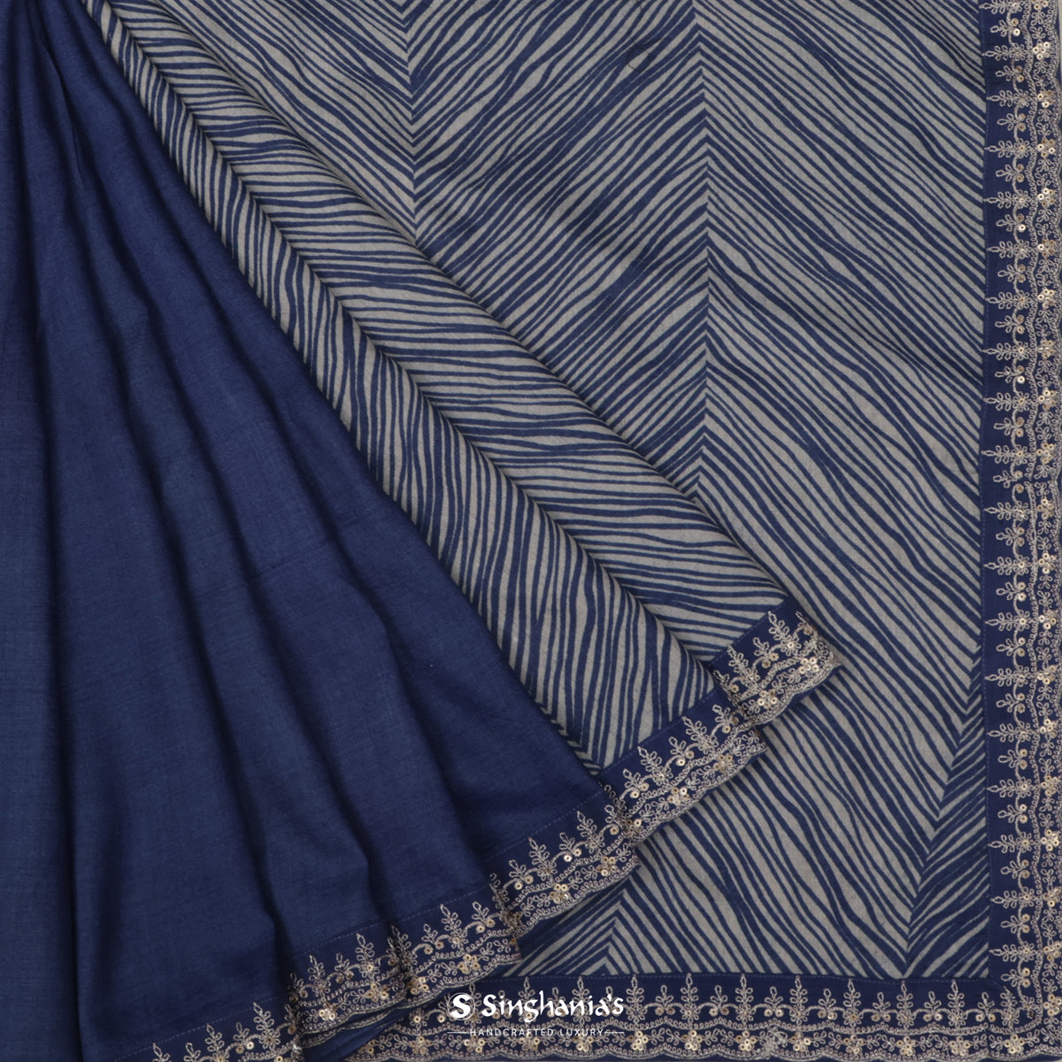 Yale Blue Printed Moonga Saree With Abstract Pattern