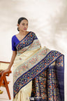 Yellow Blue Printed Madhubani Silk Saree