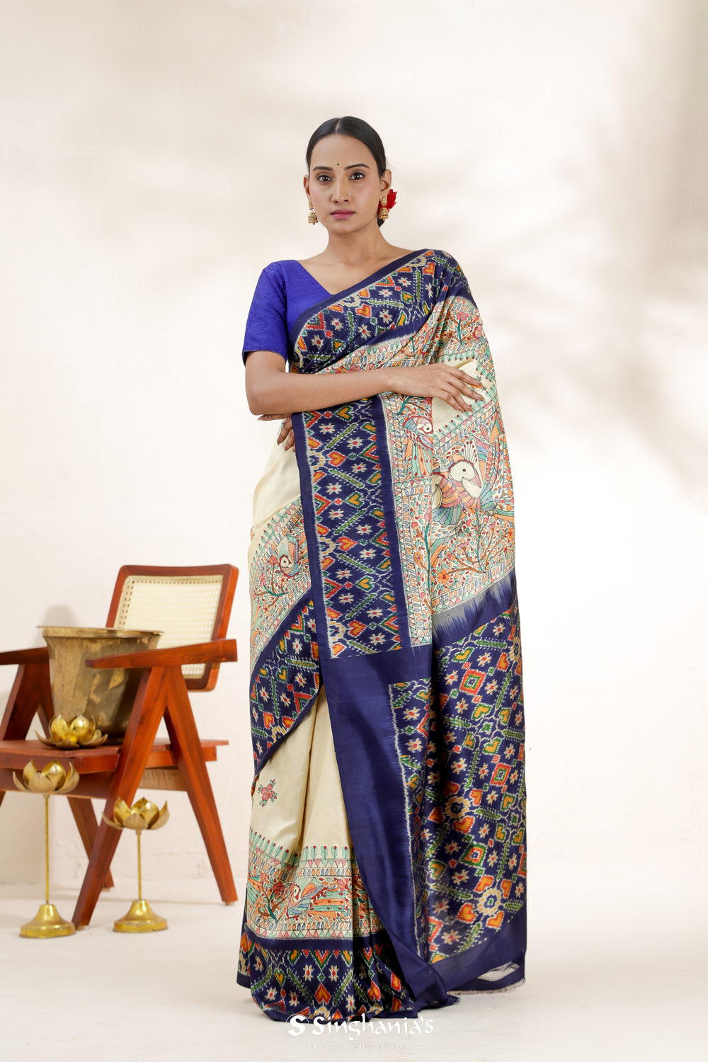 Yellow Blue Printed Madhubani Silk Saree