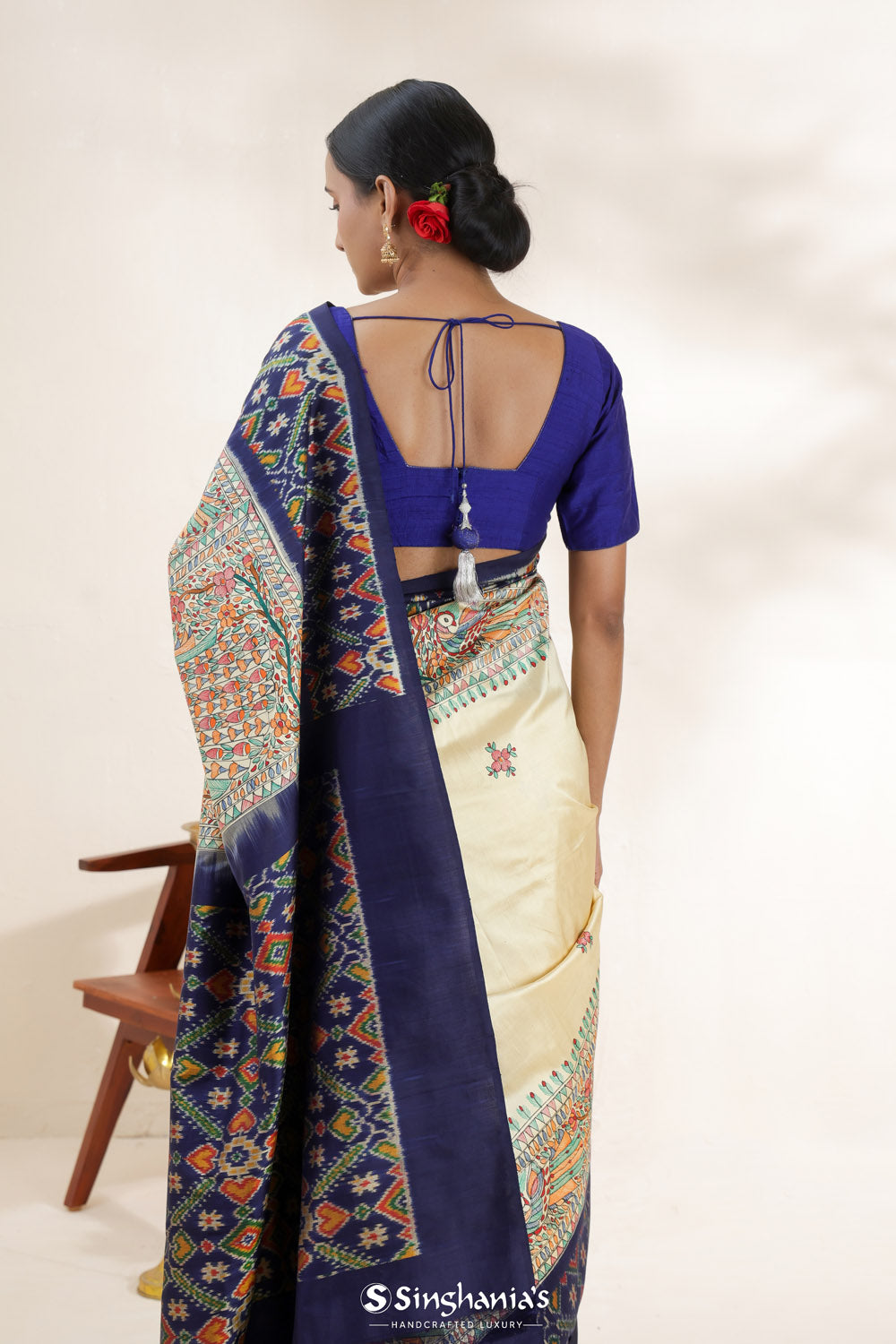 Yellow Blue Printed Madhubani Silk Saree