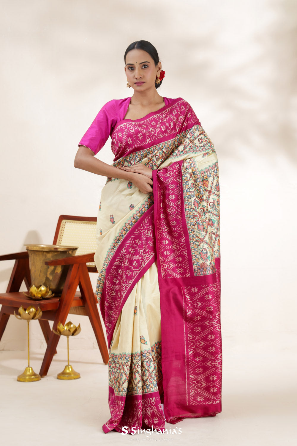 Yellow Pink Printed Madhubani Silk Saree