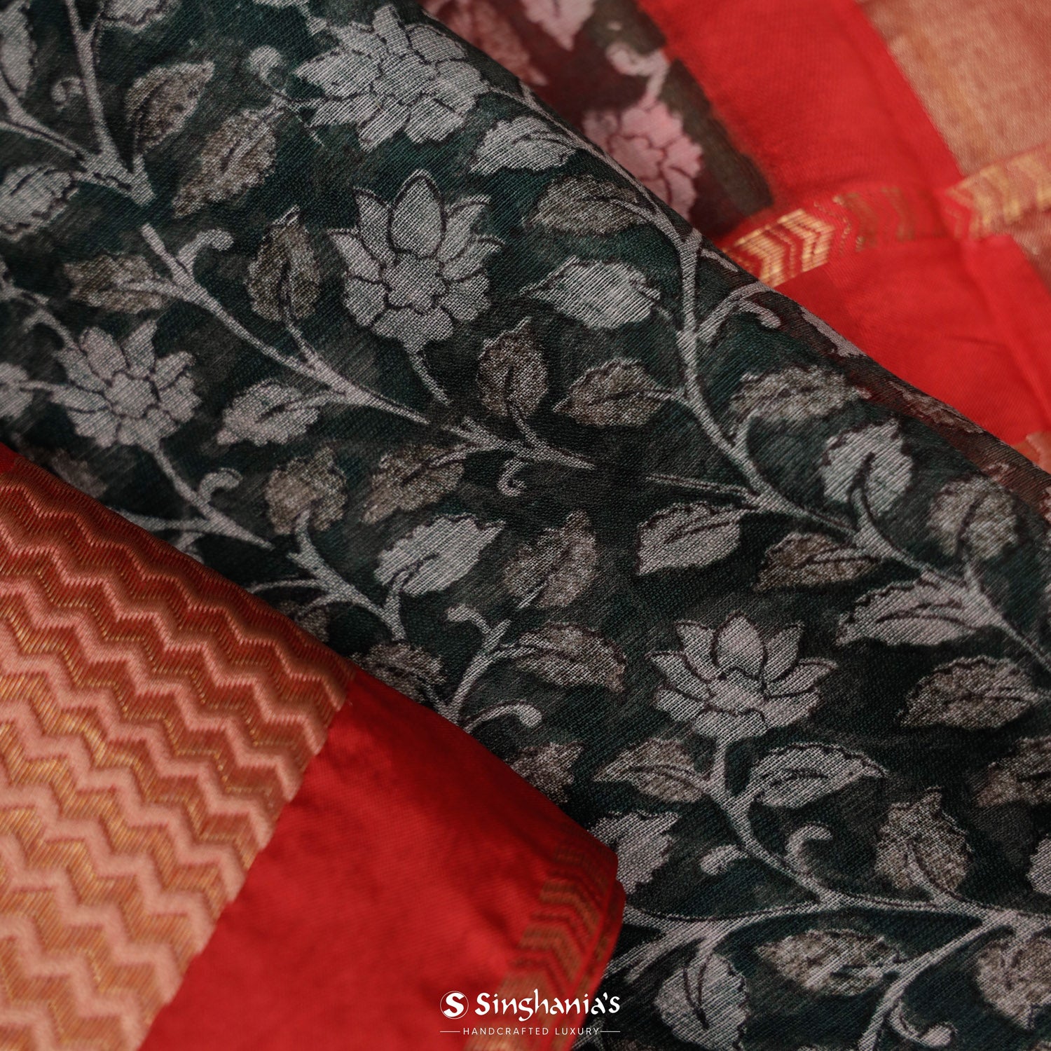 Onyx Black Printed Maheshwari Saree With Floral Pattern