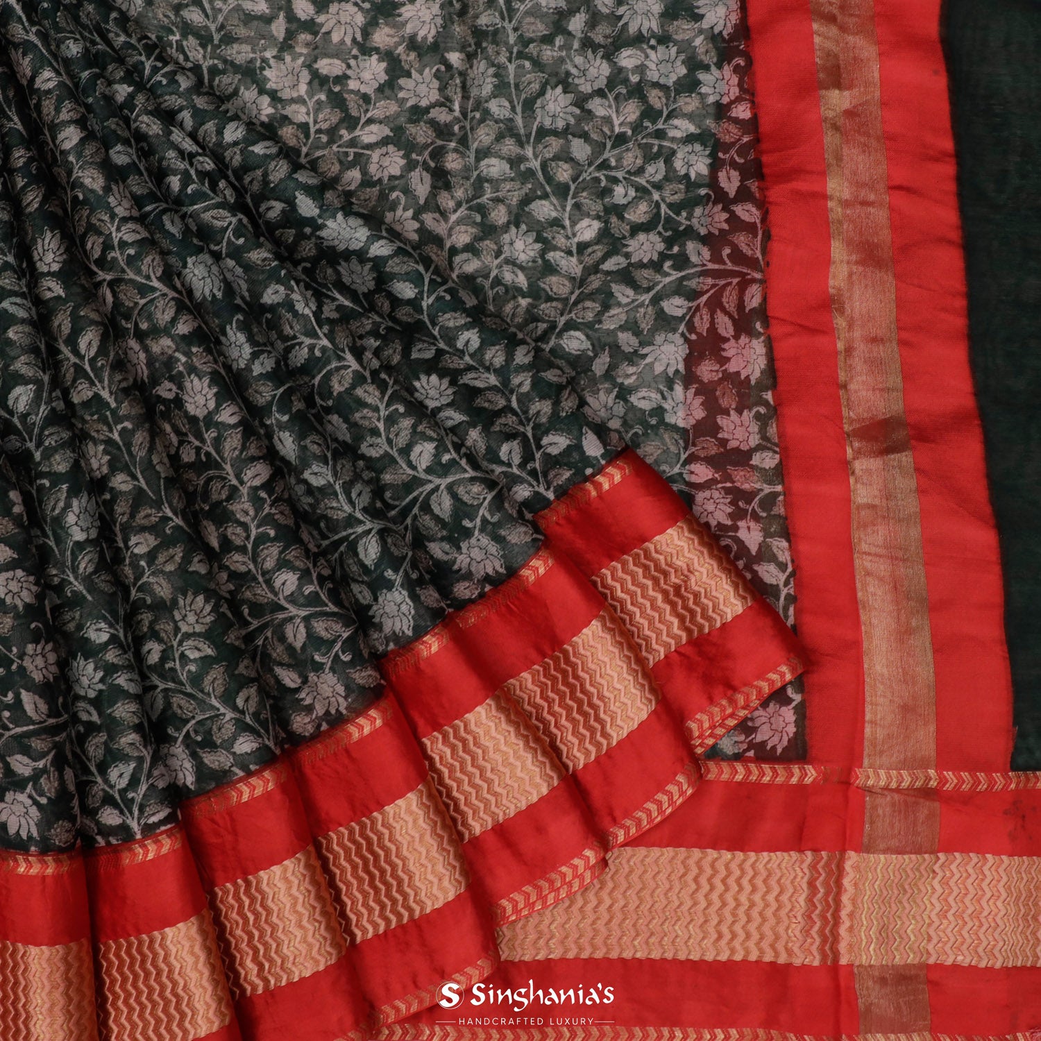 Onyx Black Printed Maheshwari Saree With Floral Pattern