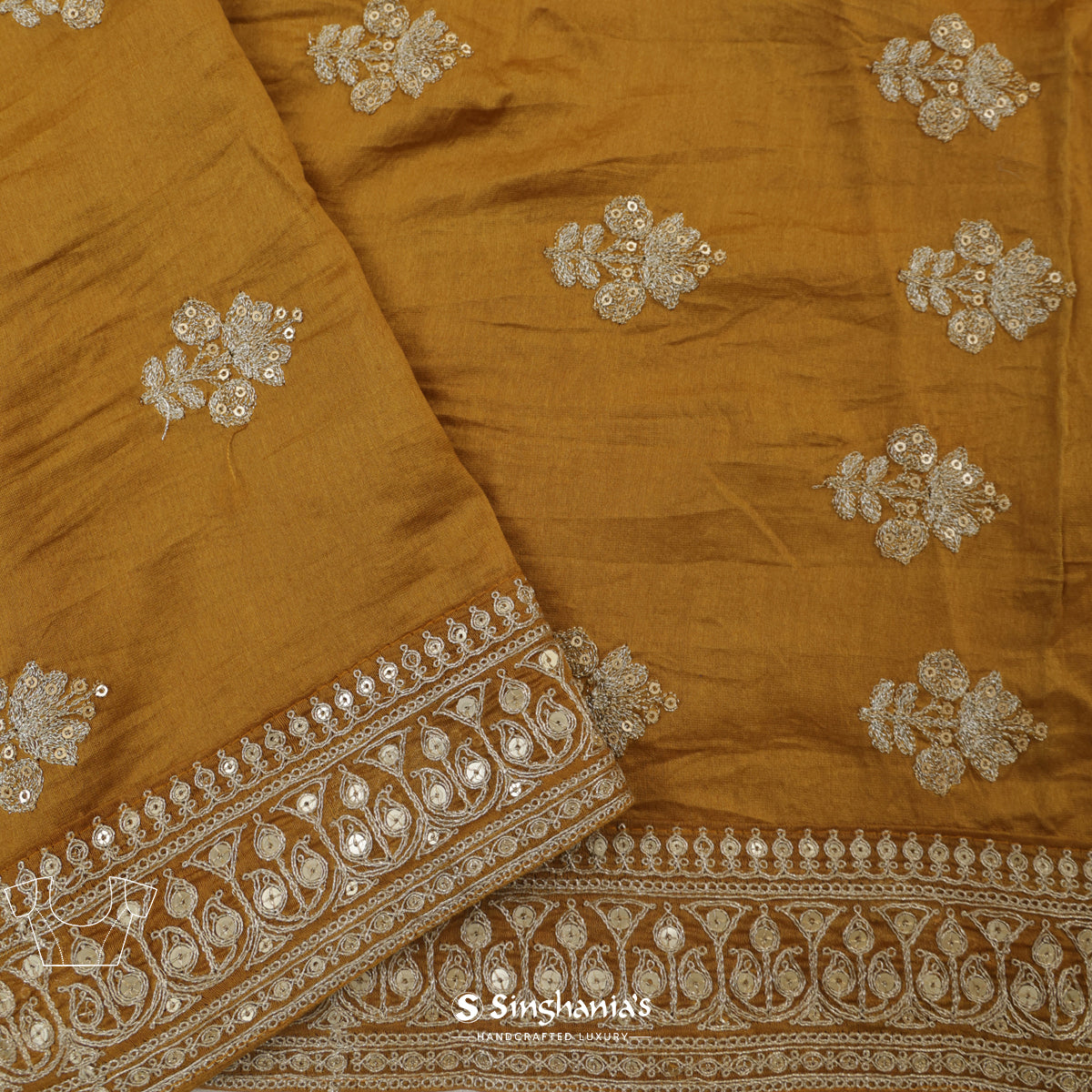 Earth Yellow Tussar Silk Saree With Printed Floral Pattern