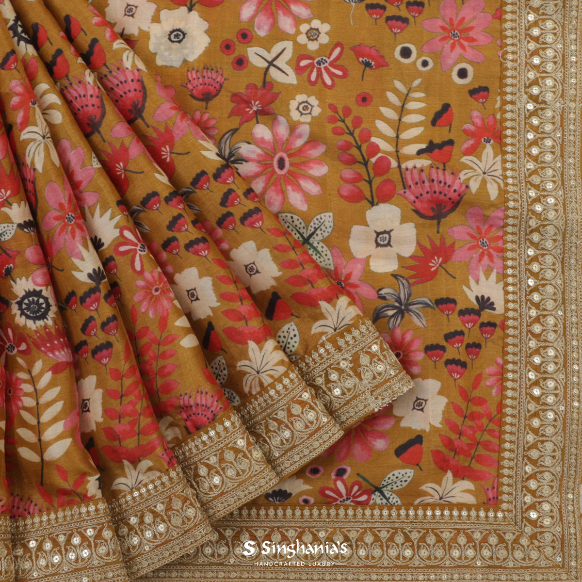 Earth Yellow Tussar Silk Saree With Printed Floral Pattern