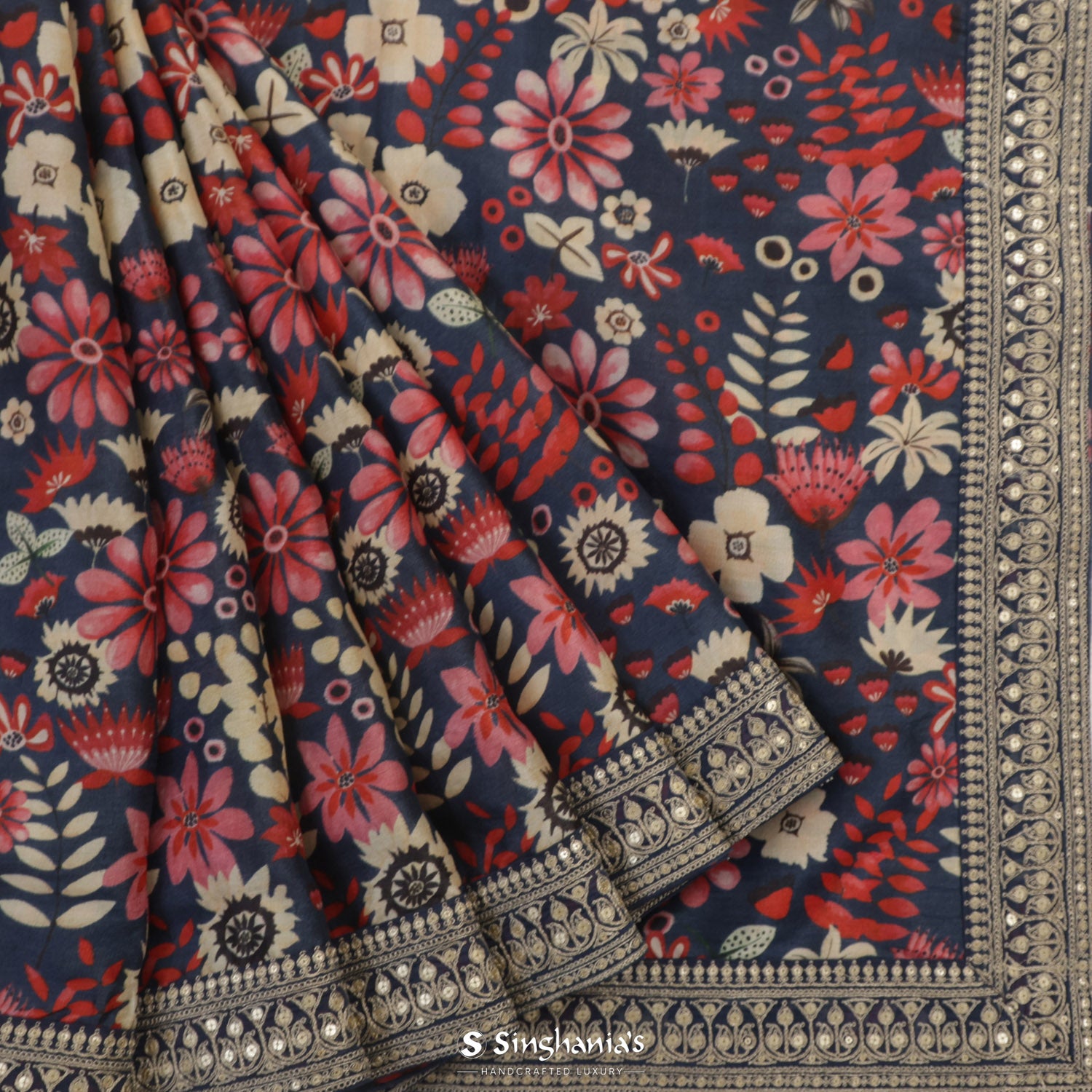 Brewers Blue Printed Tussar Saree With Floral Pattern