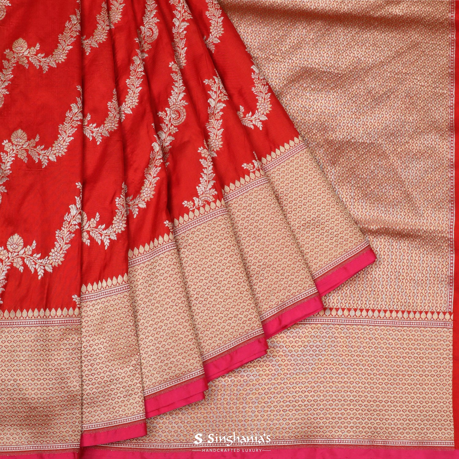 Imperial Red Banarasi Saree With Floral Zari Weaving