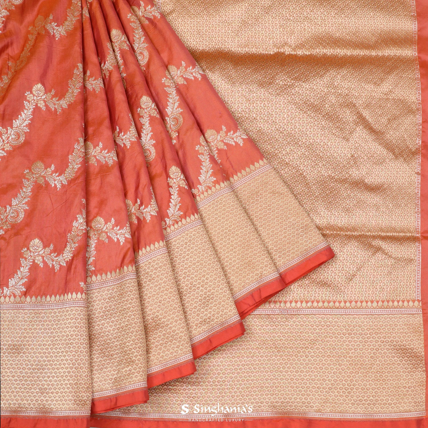 Dark Orange Banarasi Saree With Floral Jaal Pattern