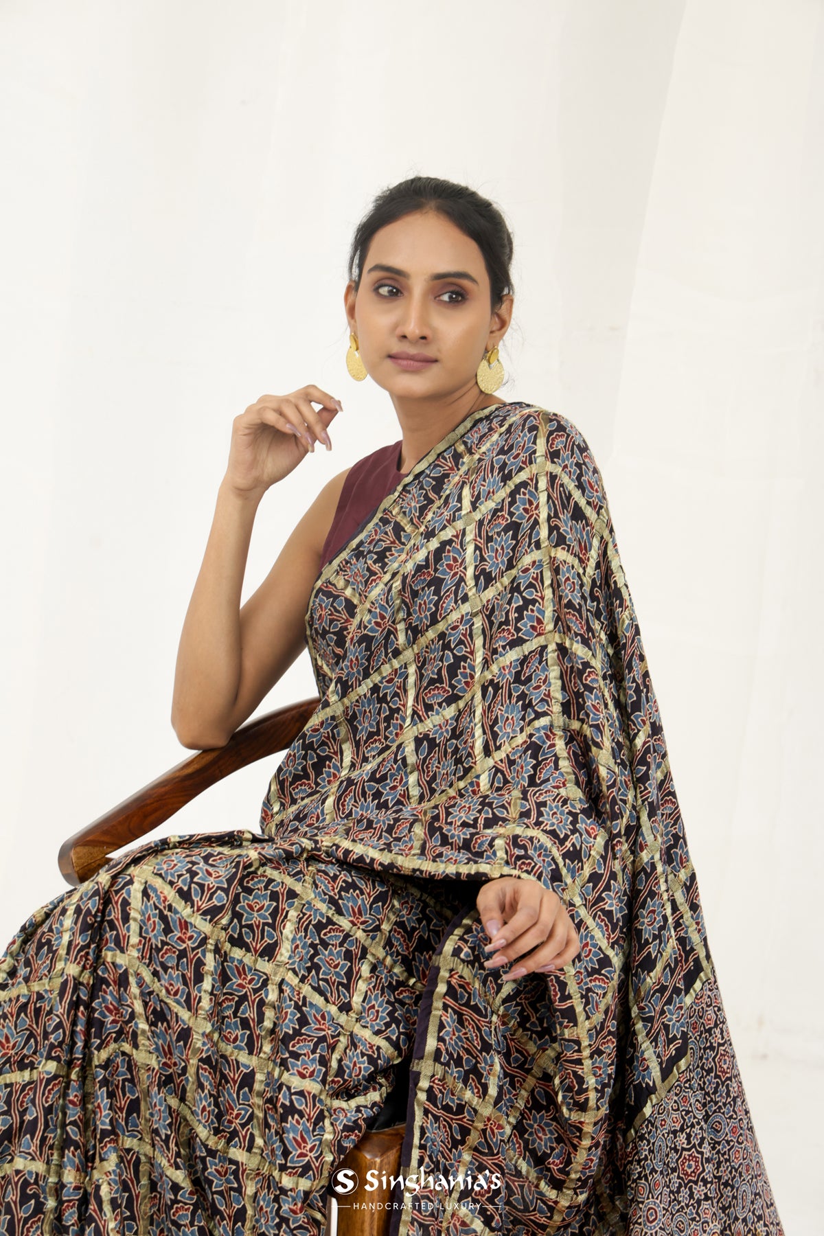 Rich Black Bandhani Ajrakh Silk Handloom Saree