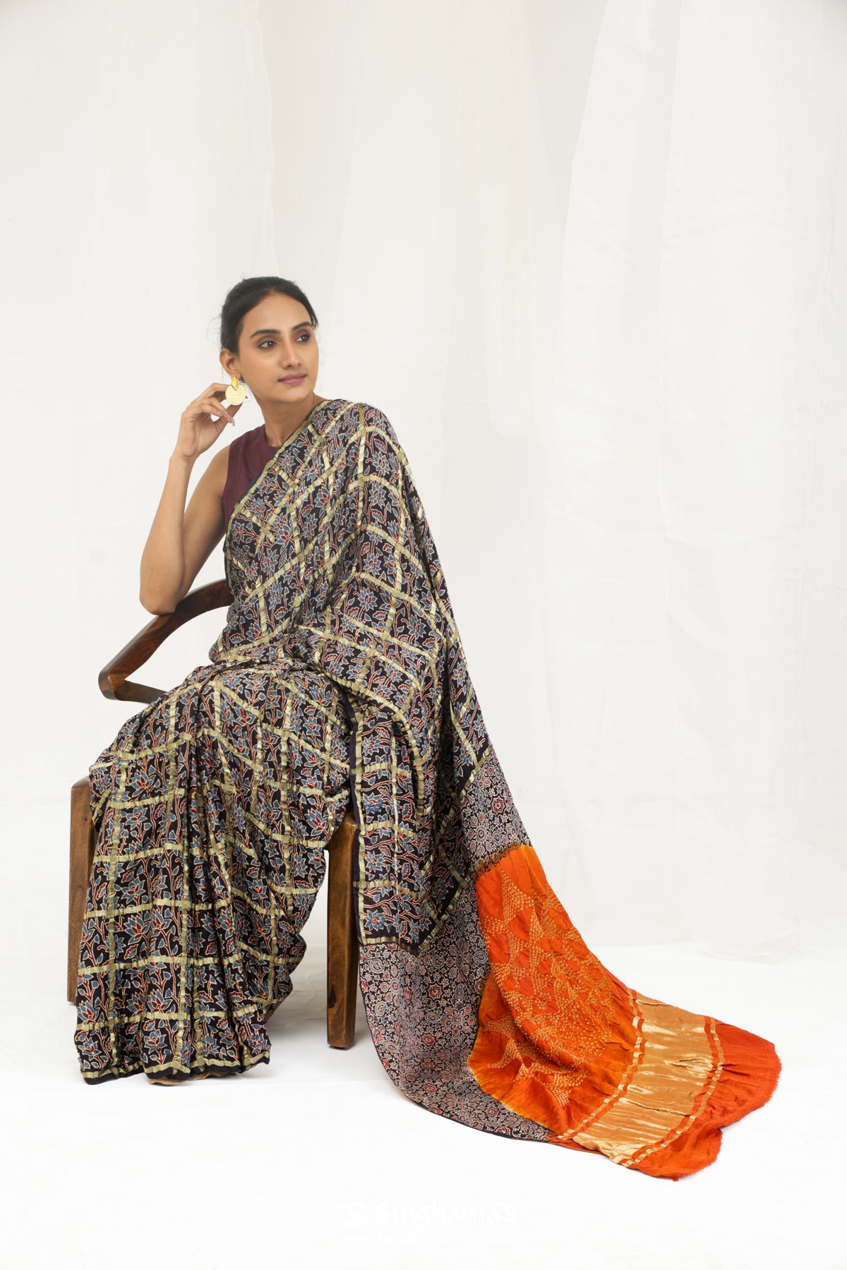 Rich Black Bandhani Ajrakh Silk Handloom Saree