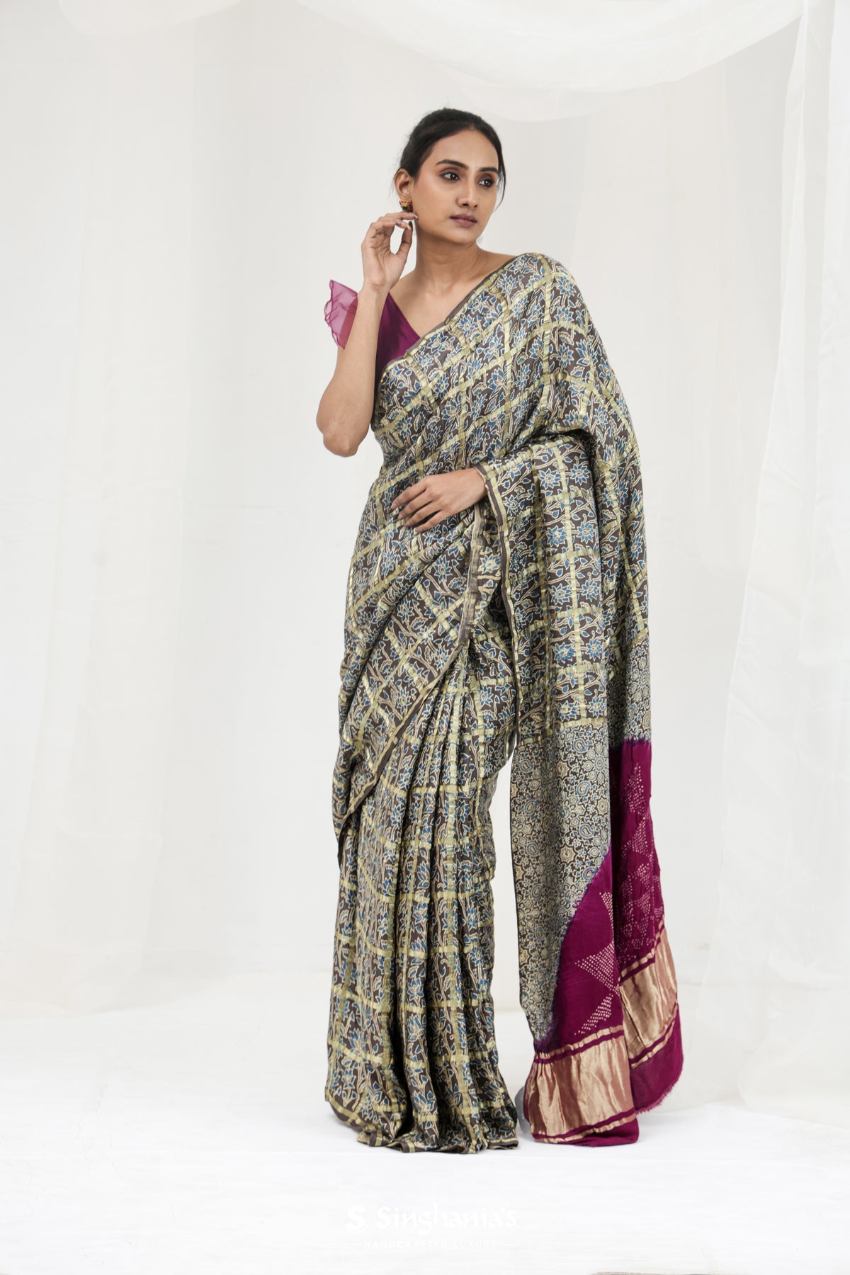 Dark Moss Green Bandhani Ajrakh Silk Handloom Saree