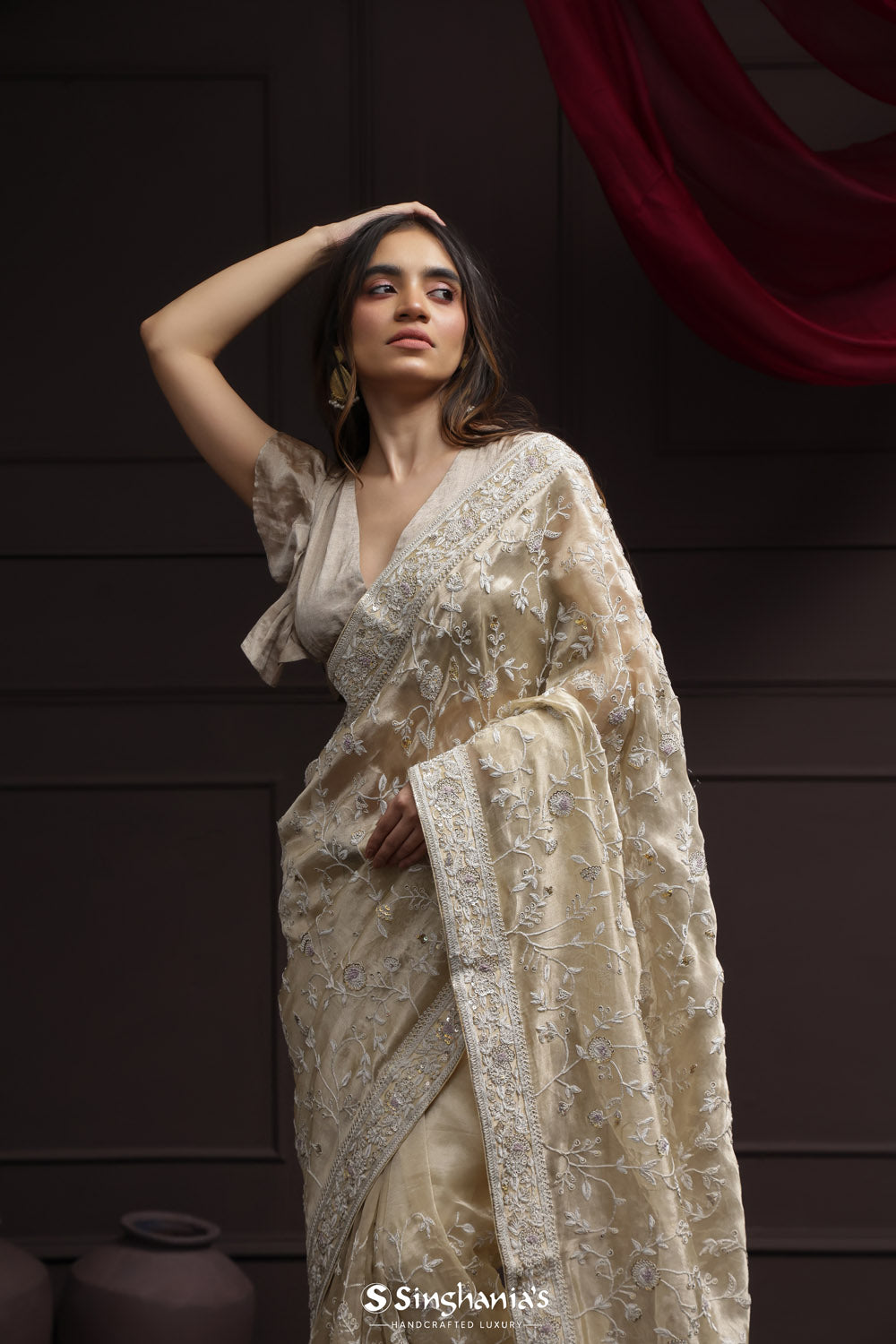 Royal Beige Tissue Designer Saree With Floral Embroidery