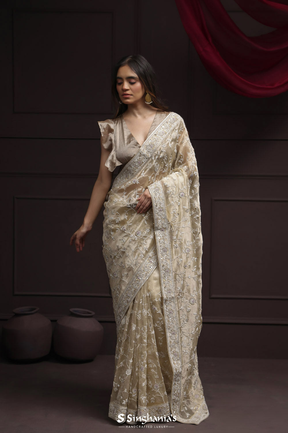 Royal Beige Tissue Designer Saree With Floral Embroidery