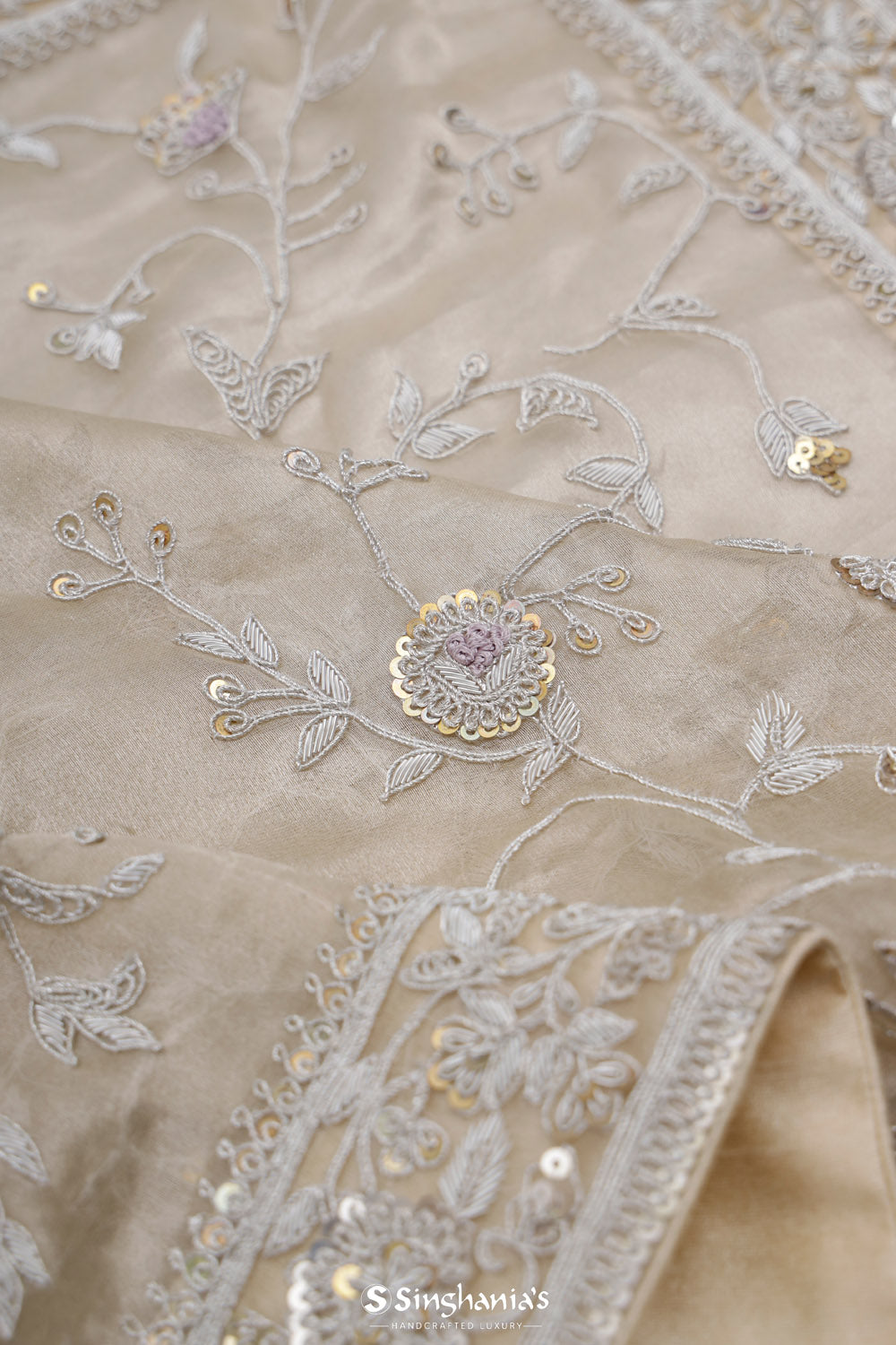 Royal Beige Tissue Designer Saree With Floral Embroidery