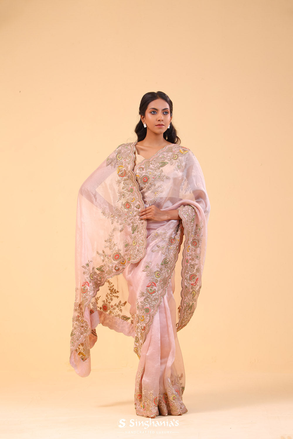 Dusty Pink Tissue Handcrafted Saree