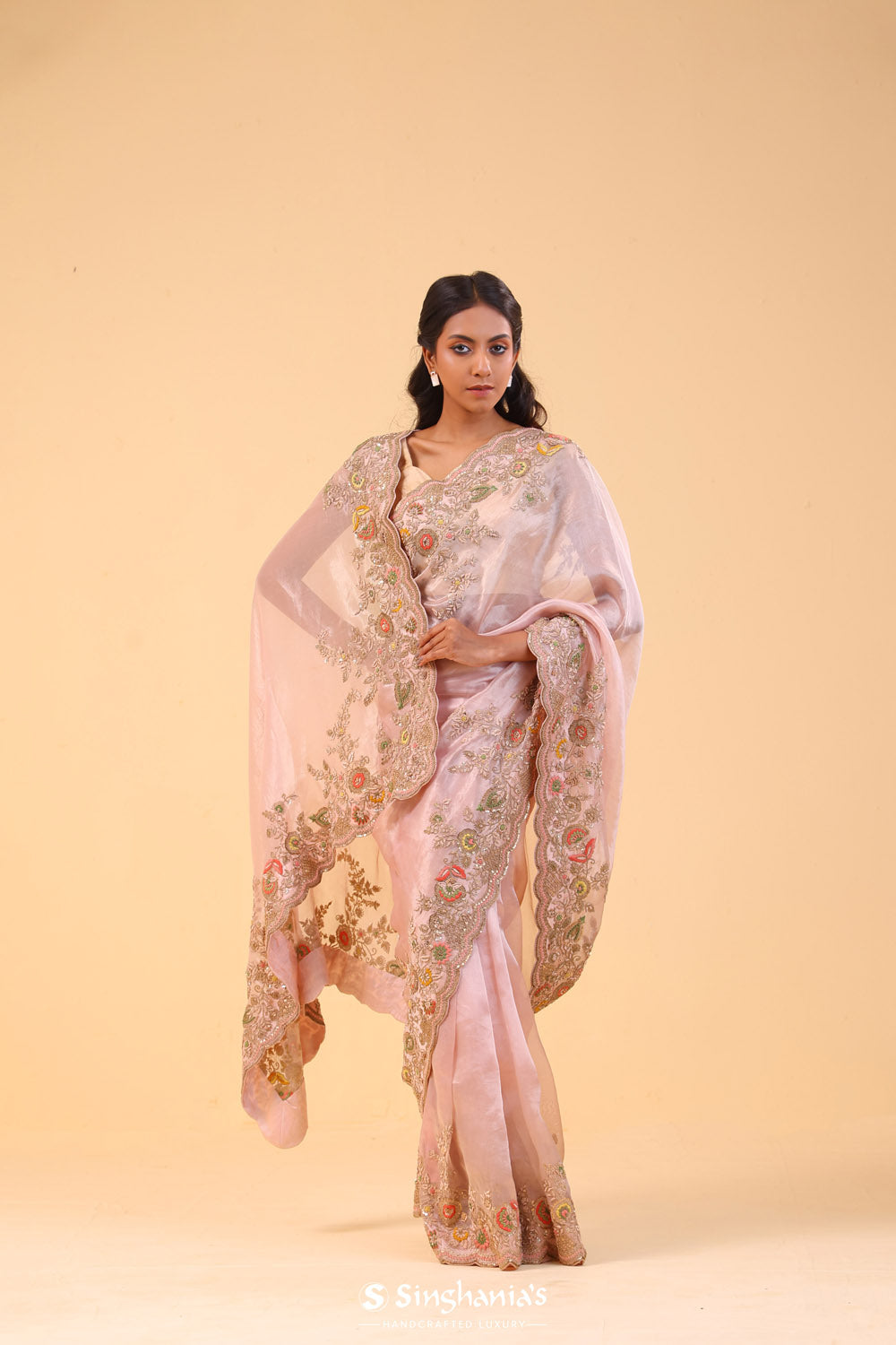 Dusty Pink Tissue Handcrafted Saree