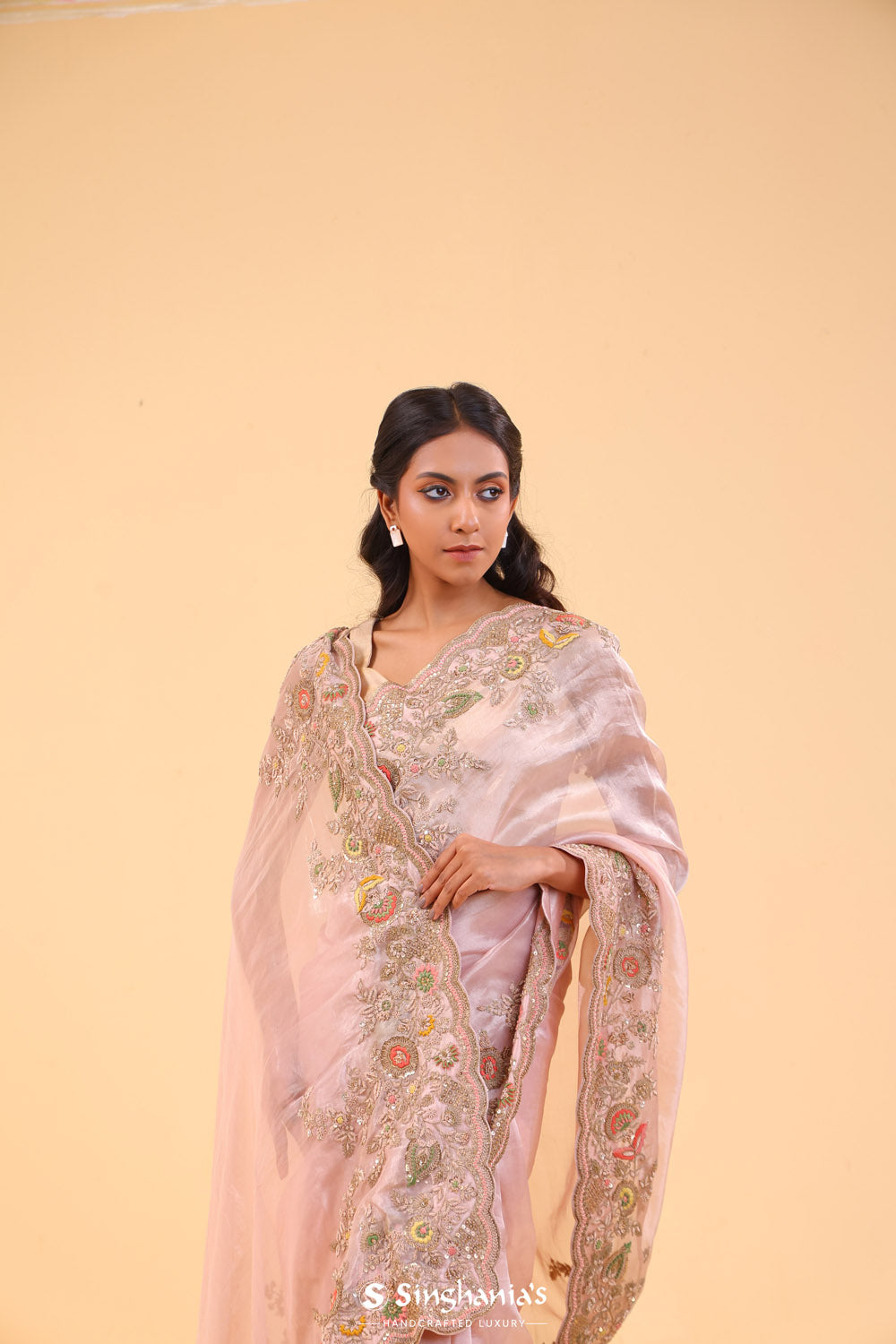 Dusty Pink Tissue Handcrafted Saree