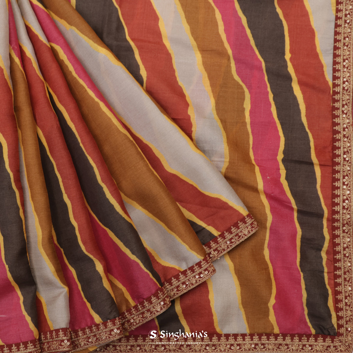 Gray Multi Colour Tussar Printed Saree With Wave Pattern