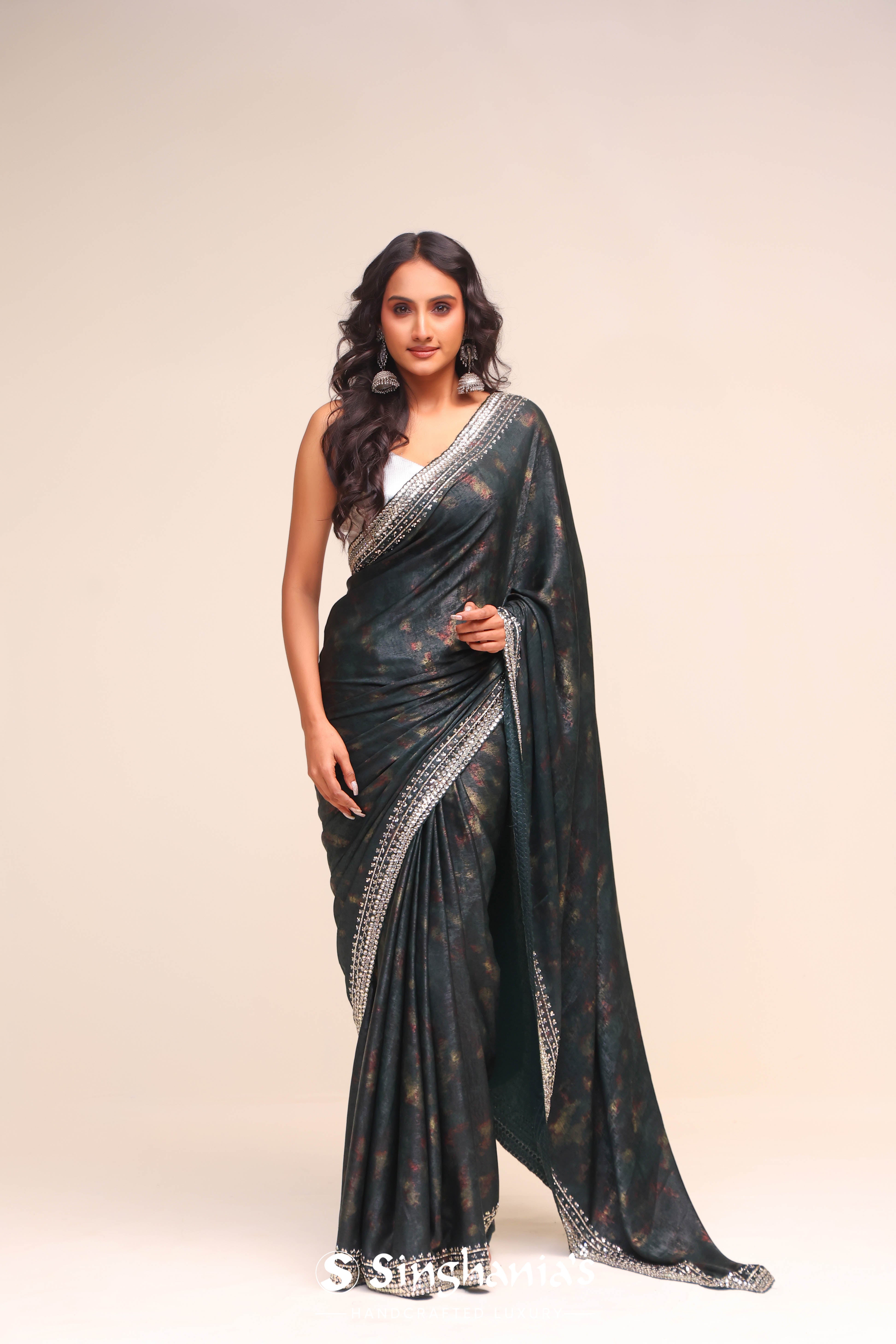 Abbey Black Satin Handcrafted Saree