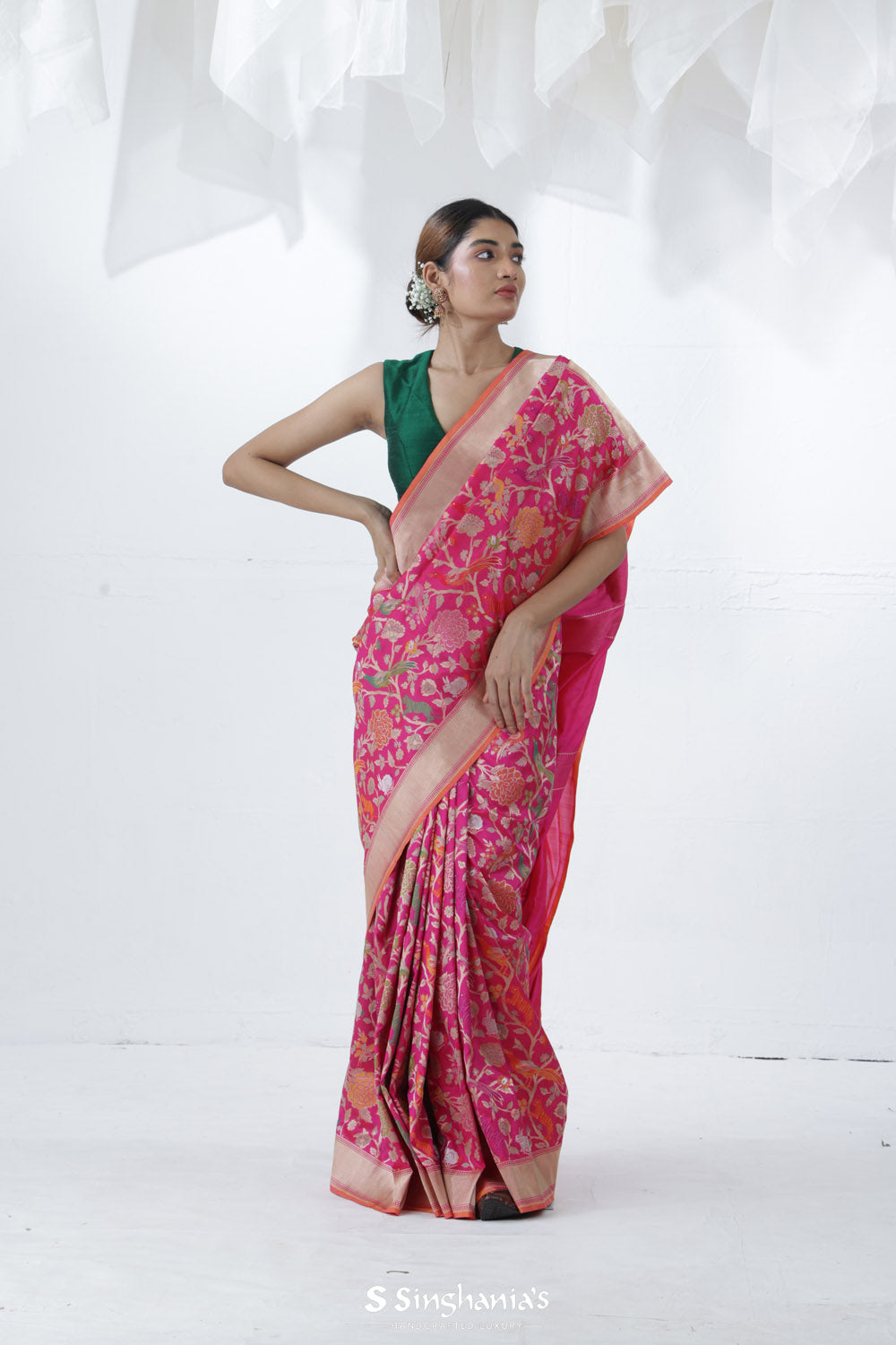 Bright Pink Banarasi Silk Saree With Floral-Fauna Design